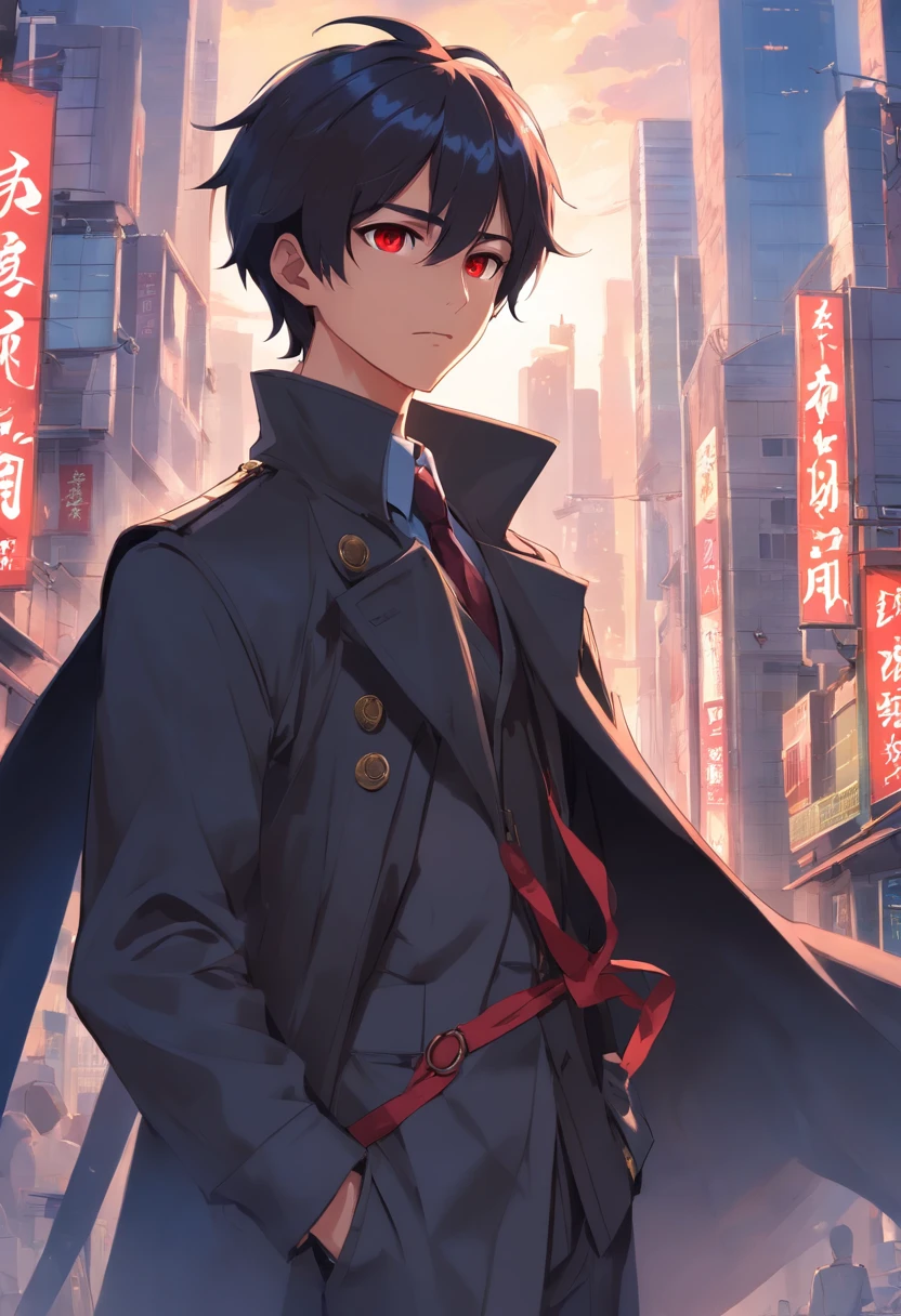 male,Black trench coat,short black hair,dark red eyes,hands crossed,Stand on a tall building,male身后站着全副武装的(Medieval armore saber,soul)soul,Chinese dragon,Substitute messenger,drone,jjia