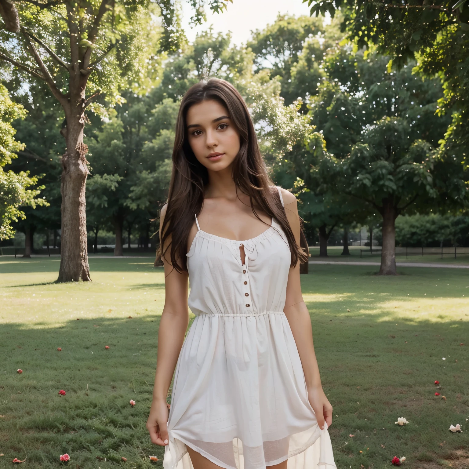 beautiful, innocent girl with medium long dark brown hair, dark brown eyes, olive skin, skinny body with a good butt and medium breasts hanging out in a park wearing a long white flowy rose red dress, little bit of makeup