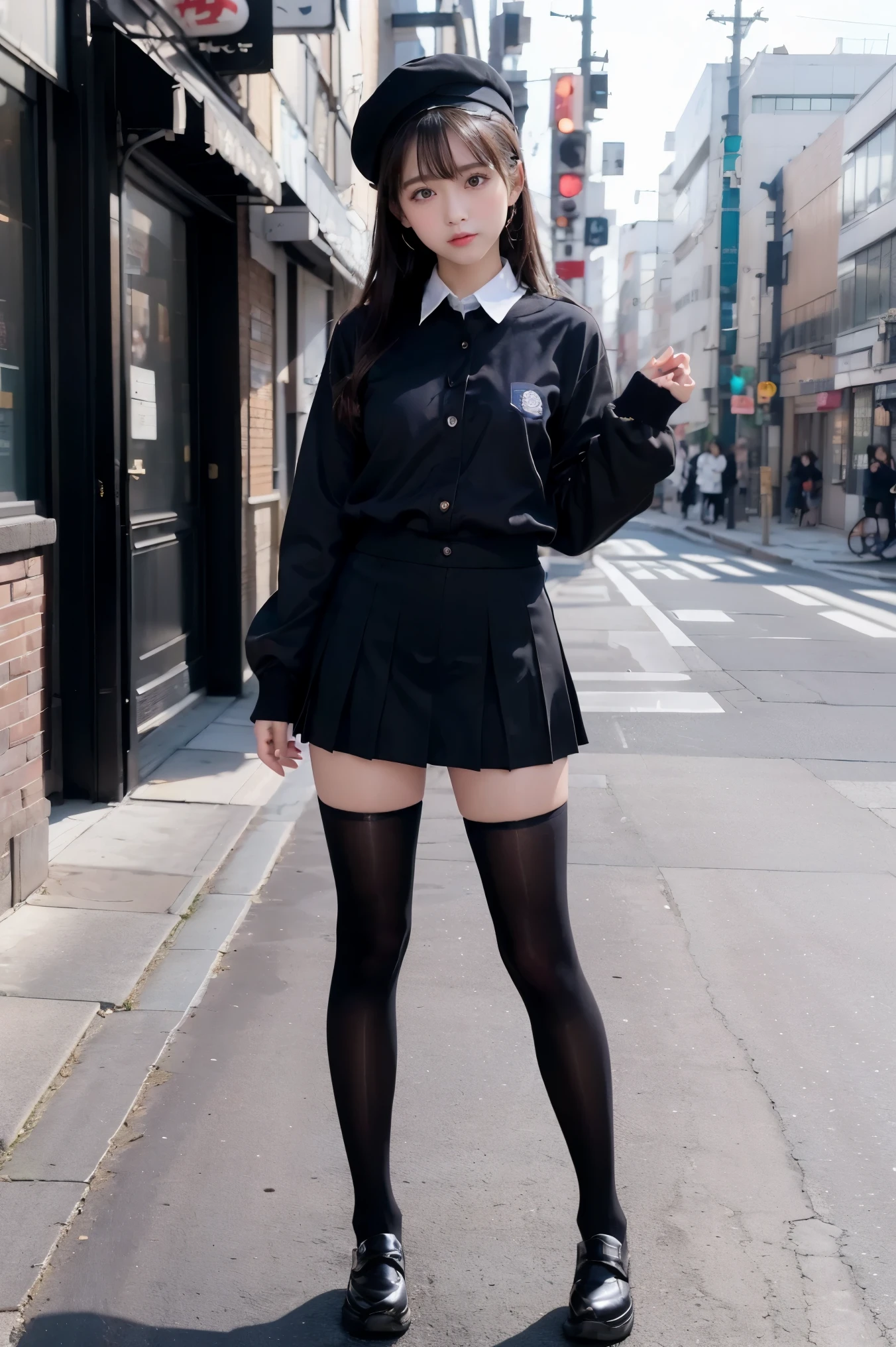 ((full body photo))、street snap、童顔でmicro mini skirt履いて((expensive))There is one woman of、(1 girl)、amazingly cute 、skinny fit uniform、Winter clothes、Japanese school blue uniform、((big breasts))、surreal、Wearing a dark blue uniform、Full body Esbian、nice thighs、((long legs))、(((wide thighs)))、((micro mini skirt))、(black pantyhose)、(I&#39;Iはハイヒールの革靴を履いています)、Nogizaka Idol、korean idol、Inviting eyes