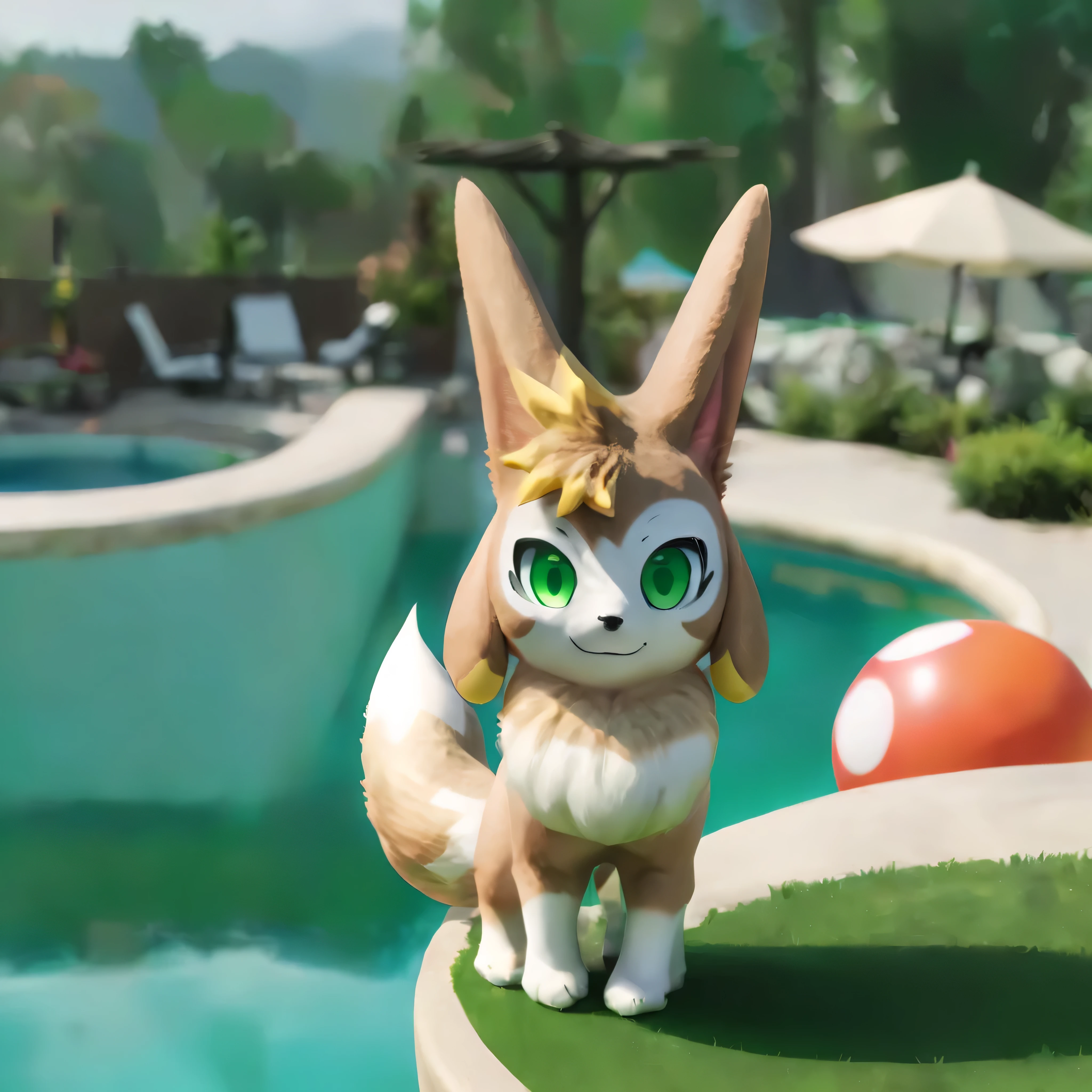 vxypwld style, cute vixy from palworld, big green eyes, beige and white fur, big fluffy tail, chest tuft, standing, stops and poses for fashion photos at a swimming pool, summer day, nature background