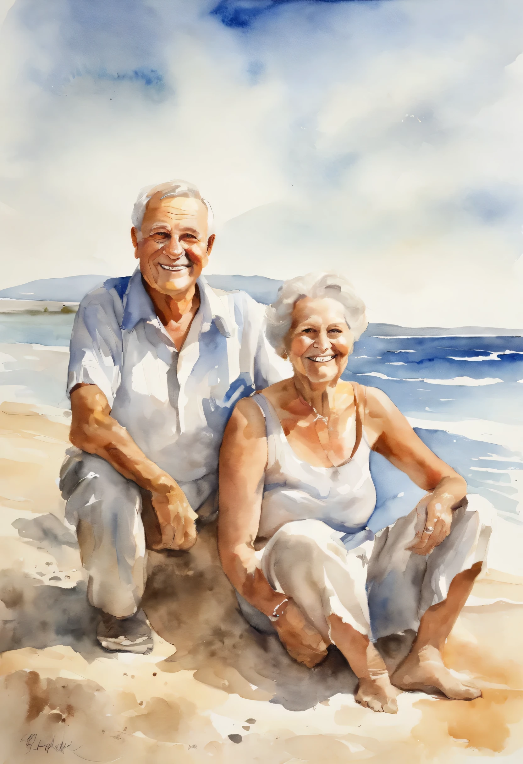 smiling young granddad and grandmother looking at the camera on the beach