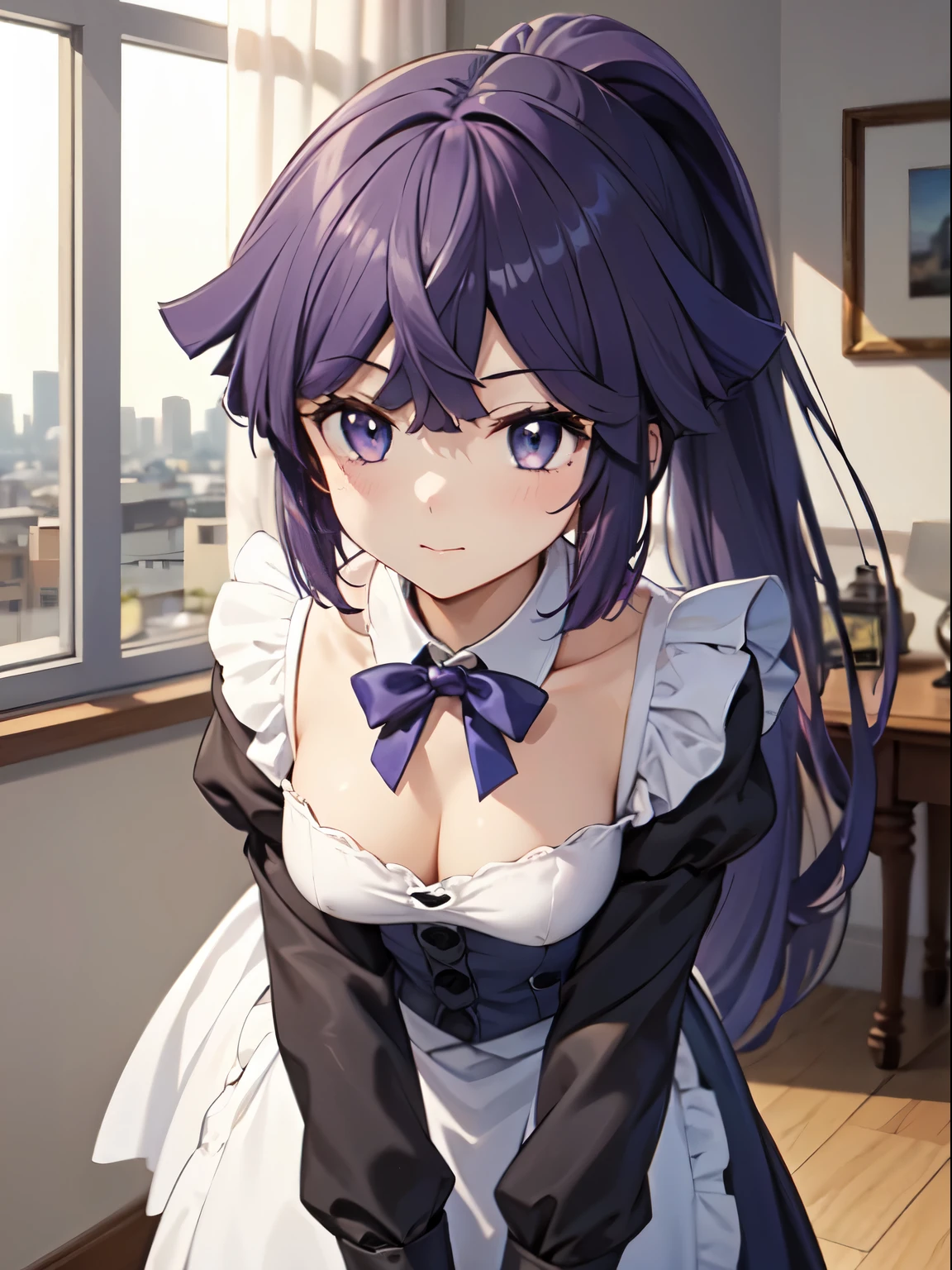 highest quality、Akatsuki、three-dimensional sense, highest quality、(Purple hair that is almost black indoors、shining eyes、Beautiful eyes of the city shining in seven colors),Anime Illustration Style,1 girl、ponytail、blue eyes、closed mouth、victorian maid outfit_white、Gothloli style clothes、Front view、sexy、絶対的な基準をFront view、leaning forward