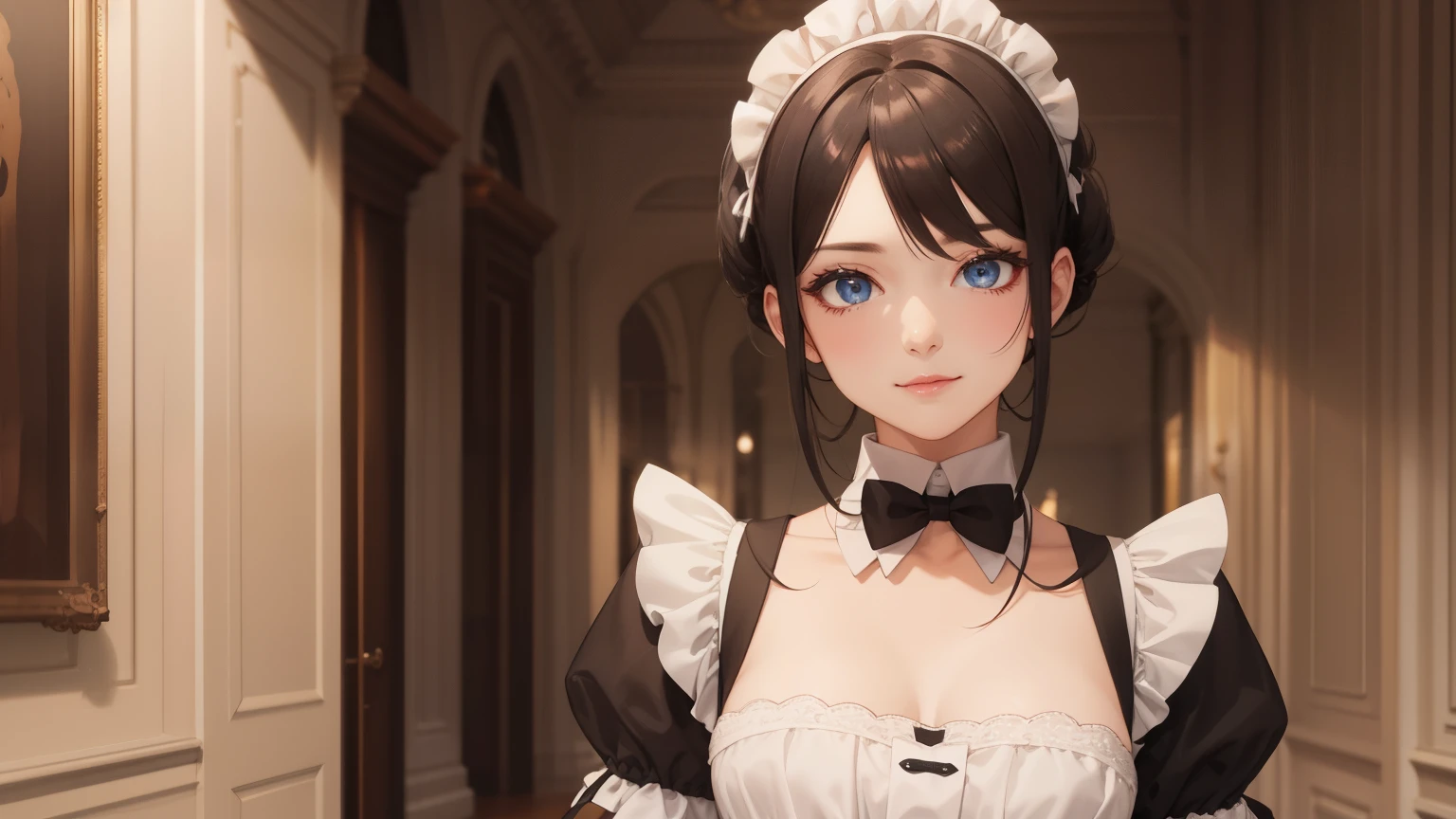 European beauty, maid outfit, aristocrat, anime style, bright, perfect face, medium shot
