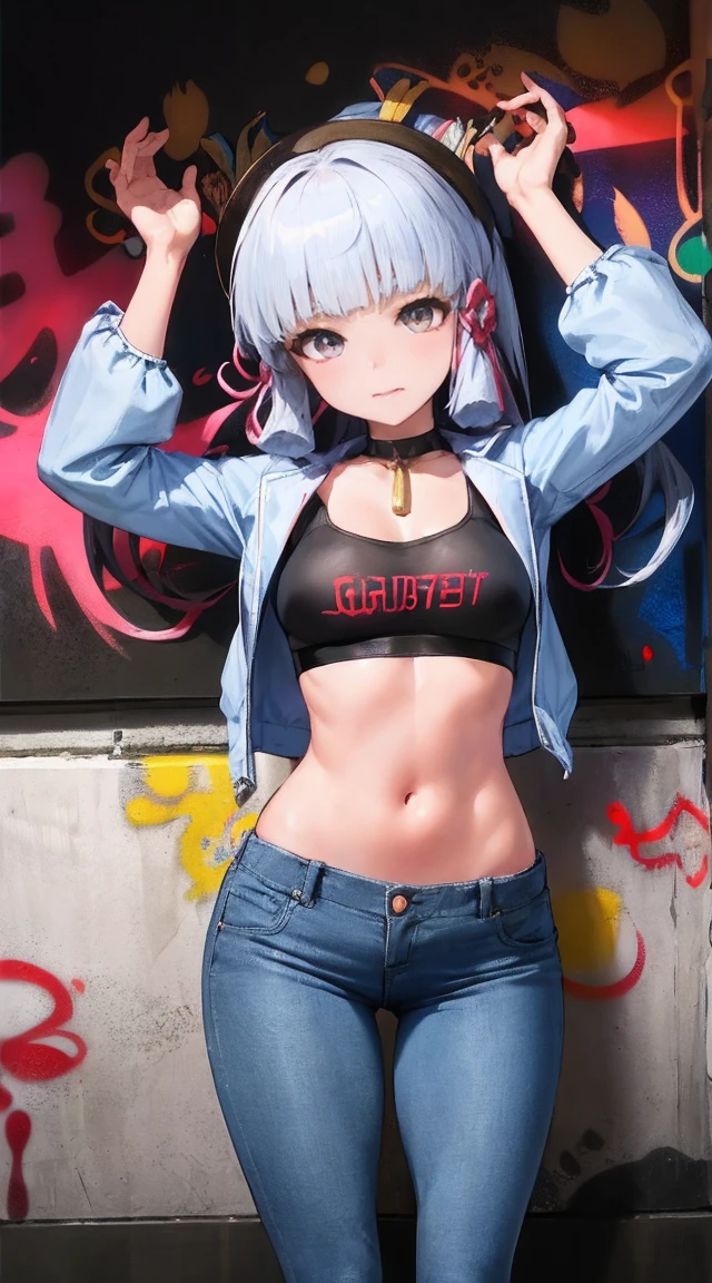 Ayaka Kamisato|Genshin Impact, masterpiece, best quality, 1 girl,25 years old, Proportional body, Lengthen the legs, beautiful, Proportional., crop top, long jeans, medium breasts, ,only, crop top, collar, (Graffiti:1.5), Splash with purple lightning pattern., arms behind back, against the wall, View viewers from the front., thigh strap, head tilt, boring,(national technology development bureau.:1.2), (10, best quality, masterpiece: 1.4), beautiful red hair, ultra high resolution, (lifelike, lifelike的肖像: 1.48), 20 years old, cute girl, (View through crop top.), Famous actor of the Japan, beautiful and clear eyes, head tilt, cowboy shooting, from the front, looking at the audience, Poker face, beautiful lake, Zeiss 150mm f/ 2.8 Hasselblad, whole body, foot, super wide angle,