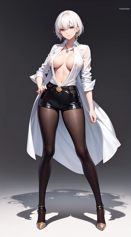 a woman,Royal sister,model figure,Open shirt,sin pantalon,Leaking out of the thighs,High heel,thin waist,white short hair,Standing posture,full body display,Look ahead,Straighten your body,Full body