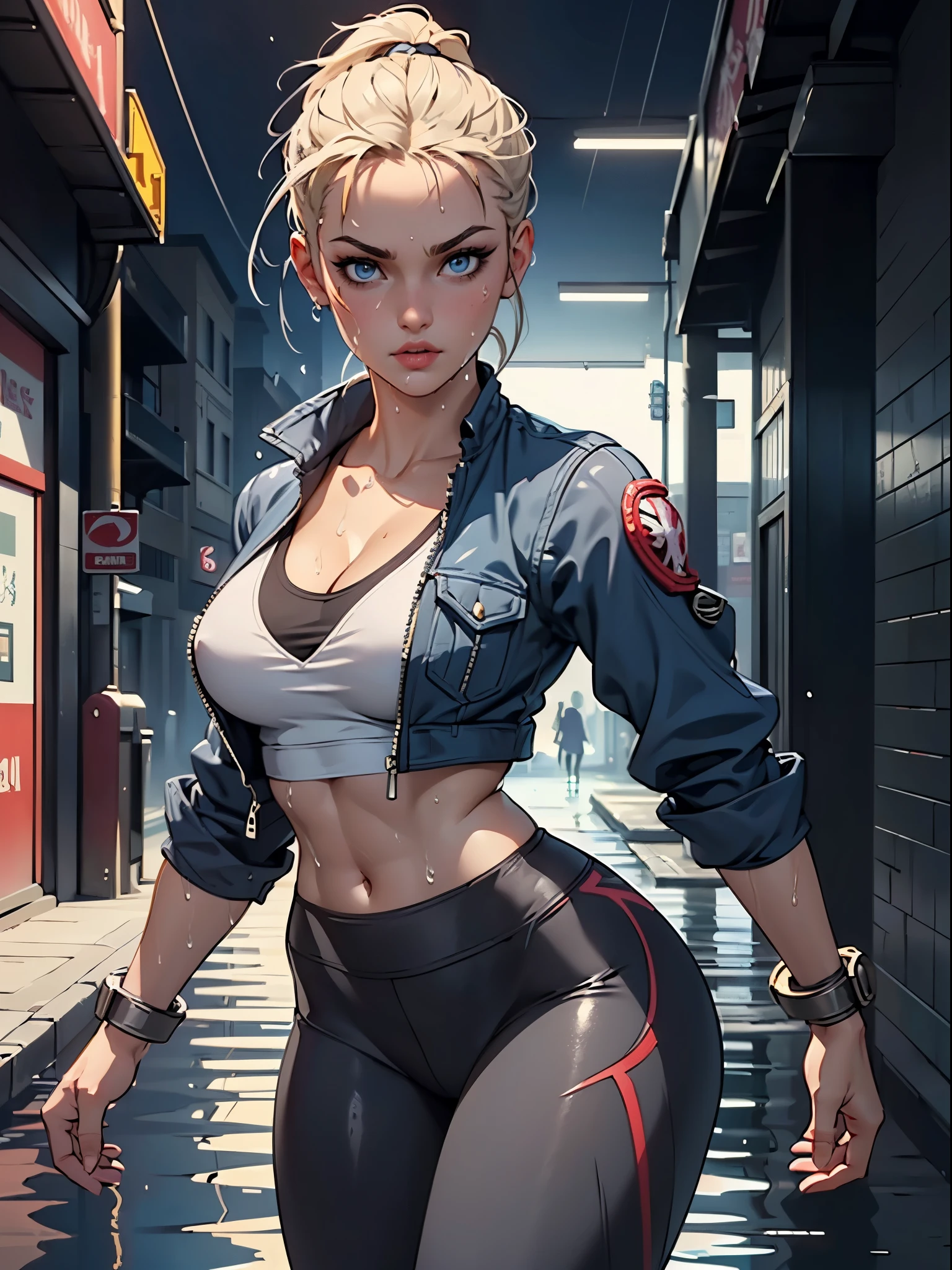 ((Best Quality, Masterpiece: 1.3)), Sharp Focus: 1.2, Beautiful Woman with Perfect Figure: 1.4, beautiful face, makeup, (photorealism:1.2), ultrarealistic uhd face, (medium breasts:1.1) nipple slip, (muscle abs), (wide hips), slim waist, hourglass figure, voluptuous, shiny body, ((she is wet)), Highly Detailed Face and Skin Texture, Detailed Eyes, Double Eyelids, (1girl), blonde hair, (Left Face Scar), (28 years old, Sexy Mature), (Vest Line, Slim Waist, Fitness Figure), (Blue Jacket), (Yoga Pants), (Buttocks), ((Big Blue Eyes, Long Eyelashes)), ((Pout)), ((Firm Nose)), Detailed Face, Best Light, Best Shadow, Edge Light, in London, Unreal Engine 5, ((Cammy white, Street Fighter 6, game CG character)), Beautiful shiny hair, (((dark gray tights))), (Fight sound effect text on screen: Street Fighter 6), Game Fight style street background, photorealistic, bokeh, Ray Tracing, 8K, masterpiece, highres, 1080P, UHD. cleavage, smirk