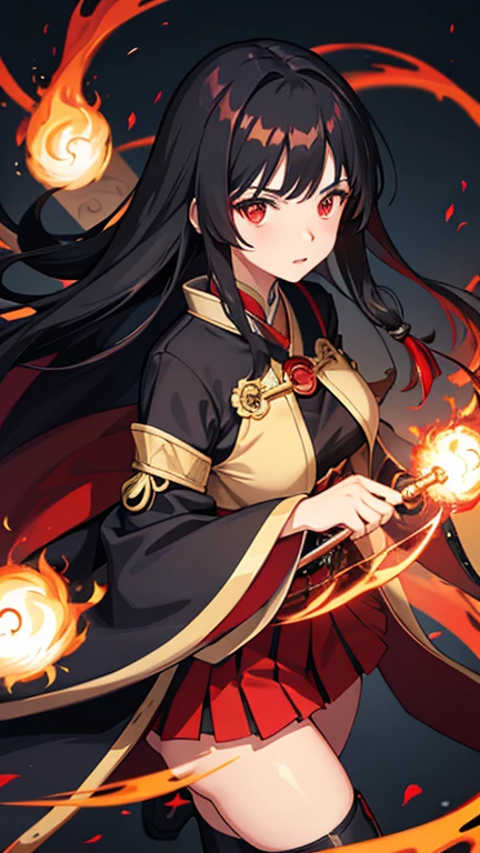 1girl, japanese clothes, black hair, red eyes, magic circle, red fire, red flames, holding a magic wand, wallpaper, landscape, in the Grasslands, midday, fate \(series\), genshin impact, ventiy, breast cleavage, open jacket, skirt, thighhighs, cloud