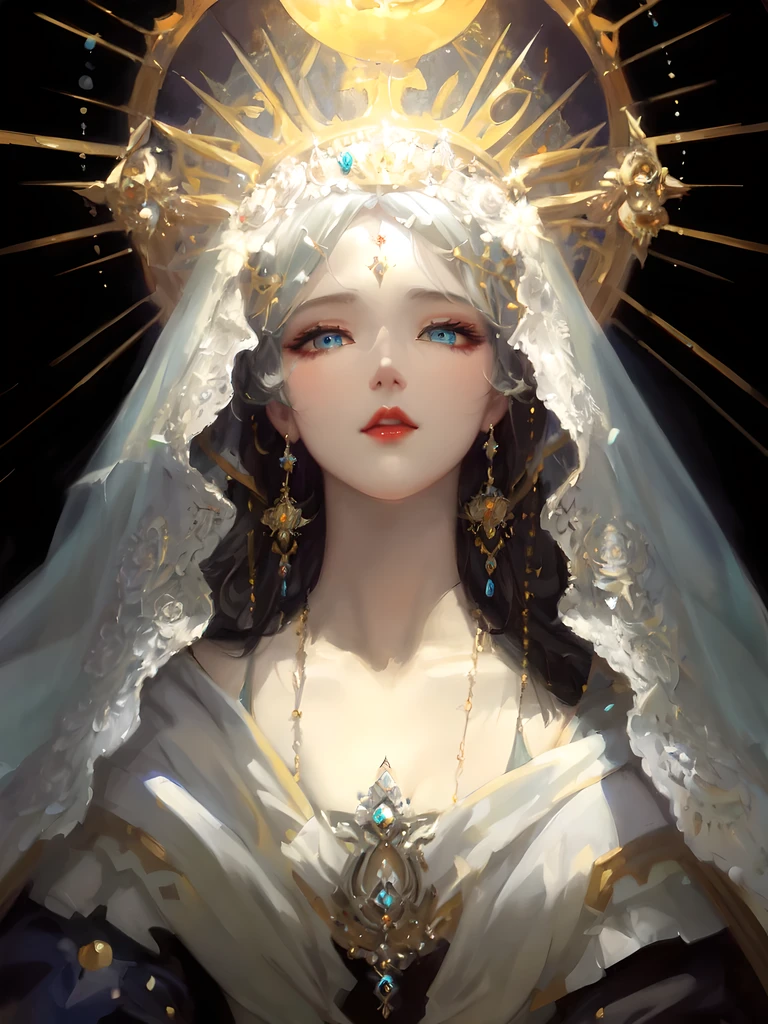 wearing a crown、Painting of woman wearing veil, Gurwitz Masterpiece, guweiz, guweiz on pixiv artstation, Gurwitz style artwork, guweiz on artstation pixiv, anime goddess, ((beautiful fantasy queen)), Detailed digital animation art, goddess. extremely high detail, beautiful fantasy queen，Beautiful aqua blue eyes，pale skin，red lips