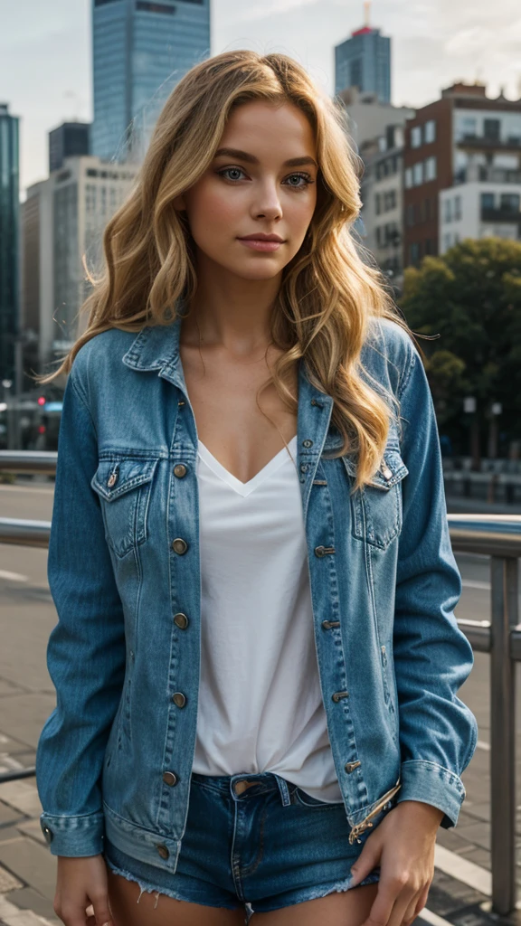an eye contact of a beautiful sophisticate blondy with long curly hair and light theme. half-turn. in denim jacket. a city in a backdrop