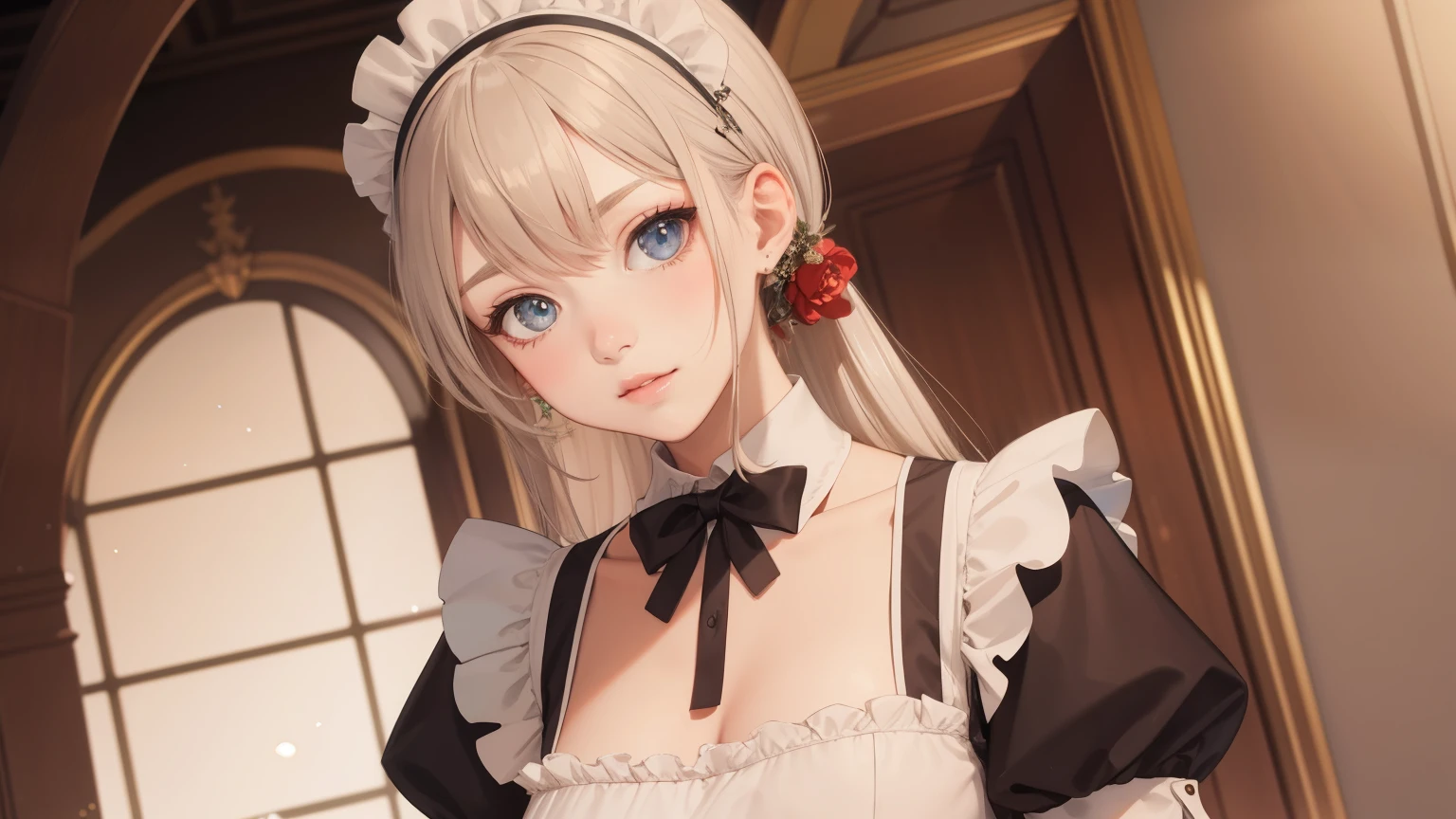 European beauty, maid outfit, aristocrat, anime style, bright, perfect face, medium shot