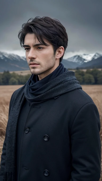 8k, best quality, masterpiece, realistic, ultra detail, photo realistic, Increase quality,
a photo of a boy standing in a field with a scarf, in the style of dark and brooding designer, voluminous mass, photobash, serene faces, jagged edges, navy, natural beauty, close-up shot