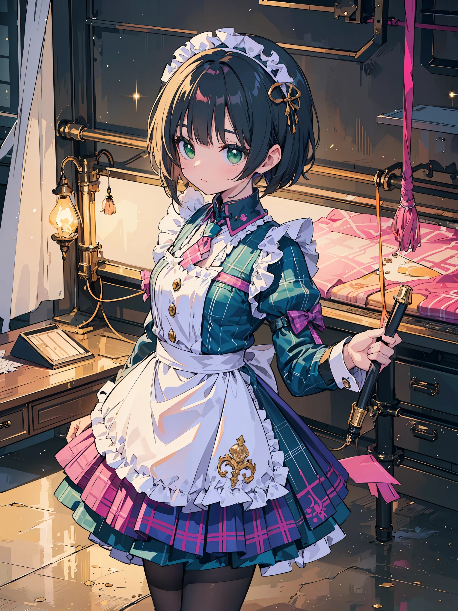Legendary masterpieces、absolute resolution、Super detailed and realistic stick、one girl、cute girl、white brim、可愛いpink色の大きなリボン、(pink&Dark green plaid Victorian maid dress made of taffeta fabric, mainly shantung fabric and organdy fabric with beading processing.、:1.5)、With raschel stretch lace or tulle at the hem of the dress、(Gold buttons on the front:1.2)、(frills、red tie、White jacquard blouse:1.4)、(Peach cardigan with loop yarn and glitter、cable knit patterns:1.3)、(Shiny black tights denier20:1.1)、One length bob cut braid black hair、Fine silky smooth hair、super detailed soft costume,