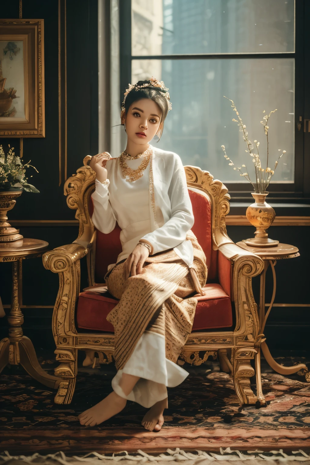MMTD Burmese patterned traditional dress lady full body details, nice face, fair skin, traditional royal white dress, wearing Parel necklaces, traditional hair style, long scarf on shoulder, sitting on traditional style golden chair look like throne, traditional water jar , cup on tray on a classic table nearby, best composition, full view covered shot, cenimatic lightning and ultra realistic details, octane rendering, sharp focus, unreal engine,32k hd resolution, masterpiece of photography, prize winning award level picture, perfect anatomy