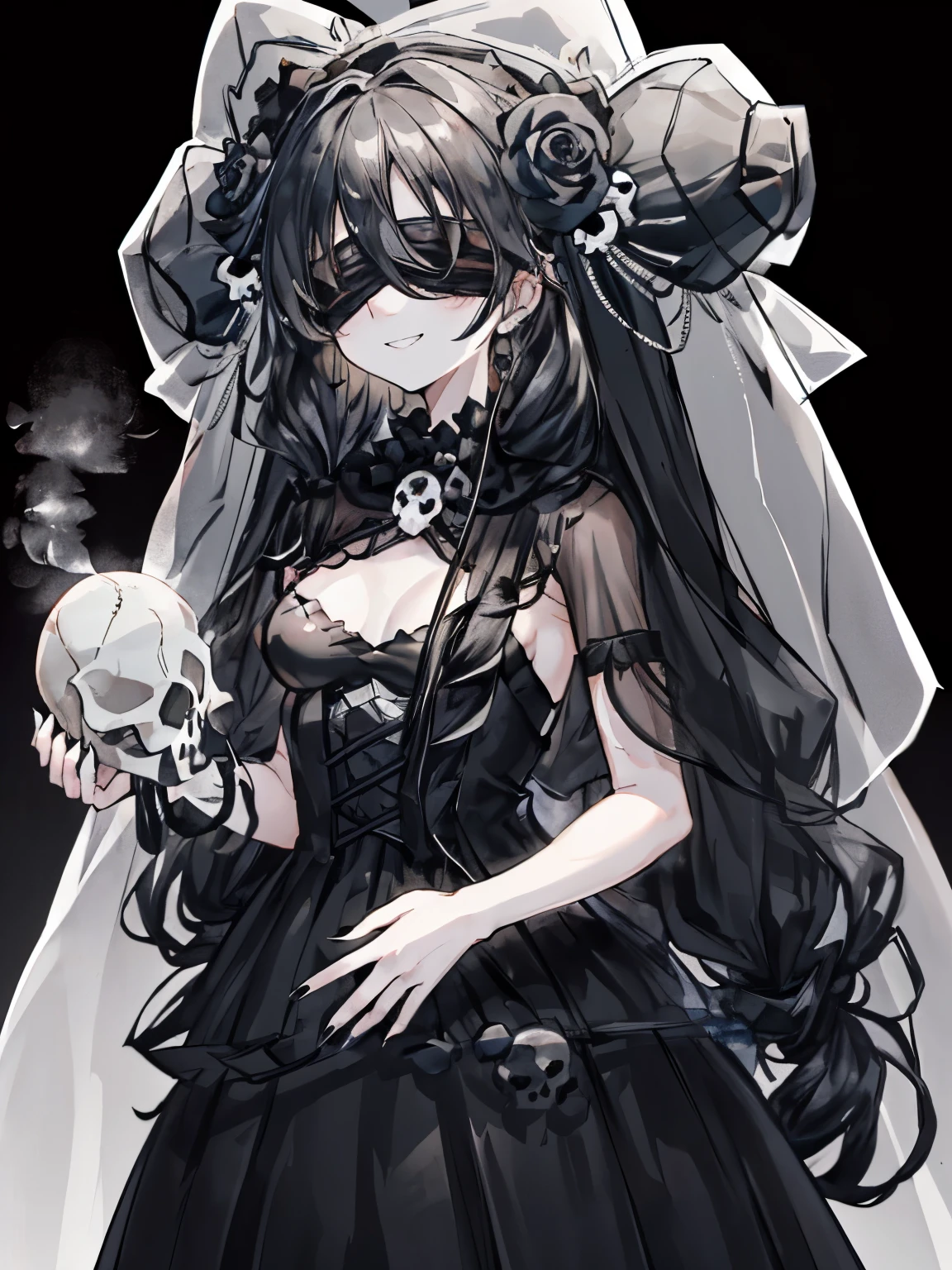 character//1 girl,(Shiny black hair that shines blue-black:1.2),((curly long hair:1.2)),((blindfold:1.5)),BREAK//((jet black wedding dress:1.3)),(A black dress with lots of frills and different hem lengths at the front and back.:1.4),((transparent black veil:1.3)),(nails are sharp and long:1.4),((Large earrings that sparkle suspiciously:1.2)),((holding a black bouquet:1.4)),BREAK//((skull crystal hair ornament:1.2)),((Transparent crystals in the shape of a skull overflowing around:1.6)),((skull crystal size:1.6)),((A big smile with bared teeth:1.5)),BREAK//((black rose flower:1.4)),BREAK//((Vague white steam rises against the black darkness background:1.3)),((Mass skull:1.4)),(((No background:1.2))),((small breasts:1.3)),