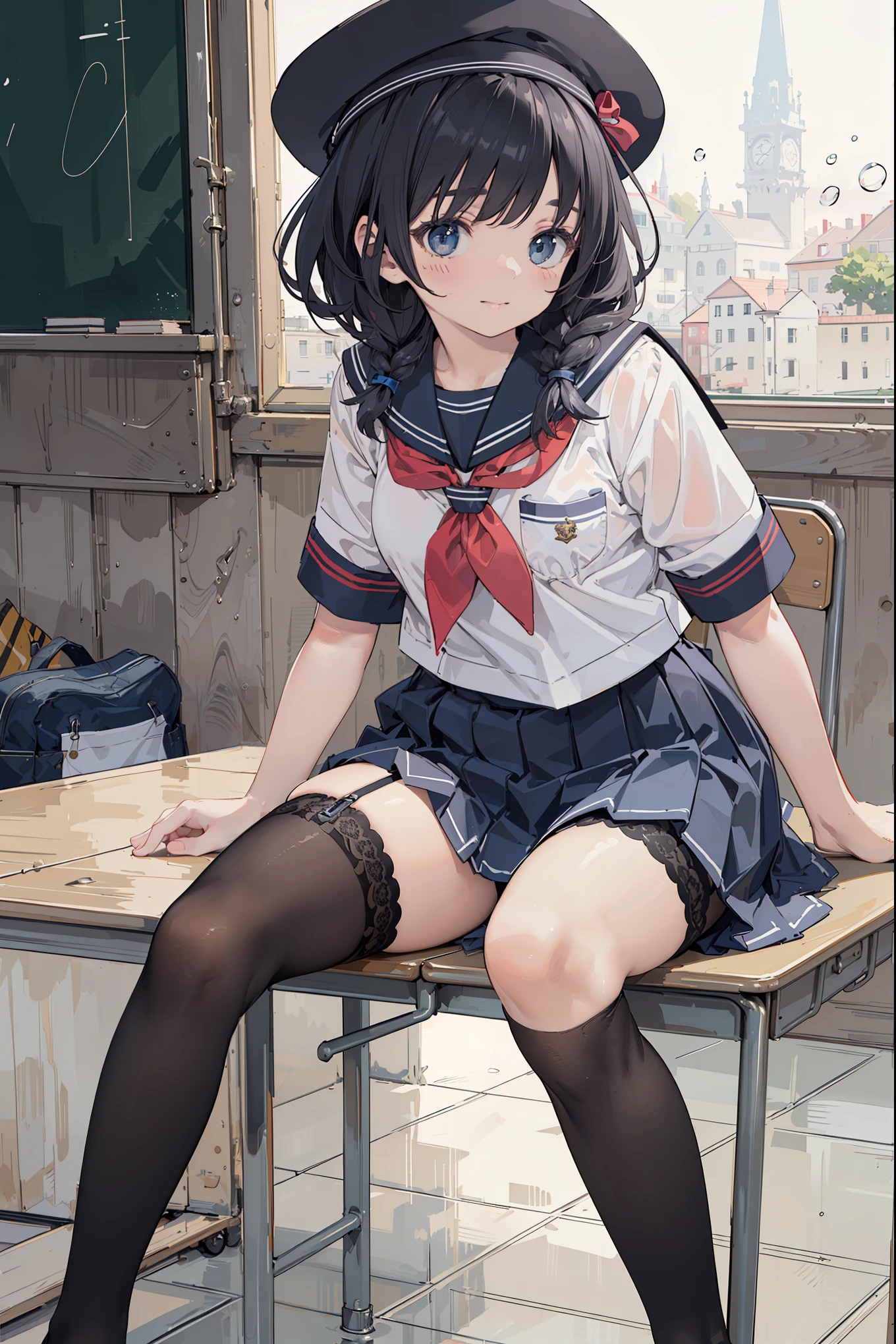 ((Masterpiece: 1.3)), ((Absolute Resolution: 1.2)), ((Highest Quality: 1.4))), ultra-detailed, super-detailed face, complex and detailed eyes, one girl, slick nasal bridge, detailed mouth, meticulous and cute smiling expression, realistic bumps on human body, silky smooth hair texture, (excited face and humiliated, (( realistic skin)), ((stylish and cute designed school uniform: 1.6, black stockings:1.4)), ribbons, hat, ruffles, lace, girl with one-length bob-cut braids, adornments of cute design appropriate for her age, (sitting pose with legs spread left and right and hips floating: 1.3), Innocent hand motions, (white skin:1.3), softly swaying breasts filled with large amounts of fat, cinematic lighting, perfect shading, (((cute nursery))), shaded realistic lighting, Reflecting the whole body