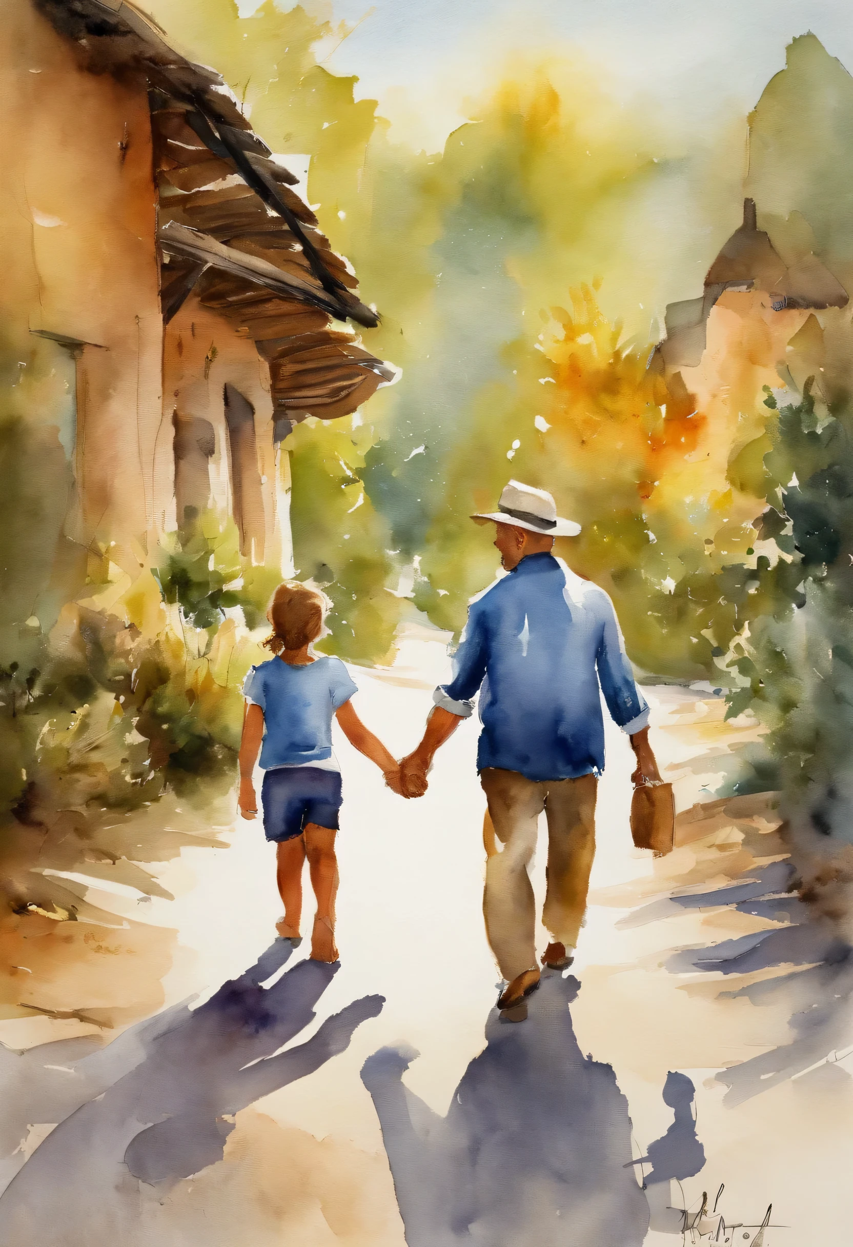 50 year old man walking along holding the hand of aa 7 year old both smiling sunny day