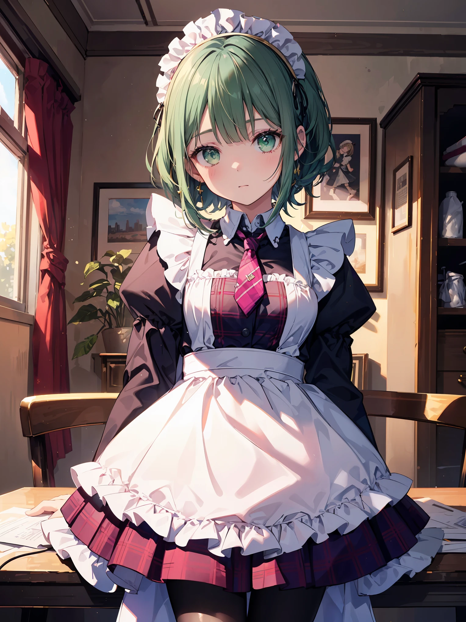 Legendary masterpieces、absolute resolution、Super detailed and realistic stick、one girl、cute girl、white brim、可愛いpink色の大きなリボン、(pink&Dark green plaid Victorian maid dress made of taffeta fabric, mainly shantung fabric and organdy fabric with beading processing.、:1.5)、With raschel stretch lace or tulle at the hem of the dress、(Gold buttons on the front:1.2)、(frills、red tie、White jacquard blouse:1.4)、(Peach cardigan with loop yarn and glitter、cable knit patterns:1.3)、(Shiny black tights denier２０:1.1)、One length bob cut braid black hair、Fine silky smooth hair、super detailed soft costume，