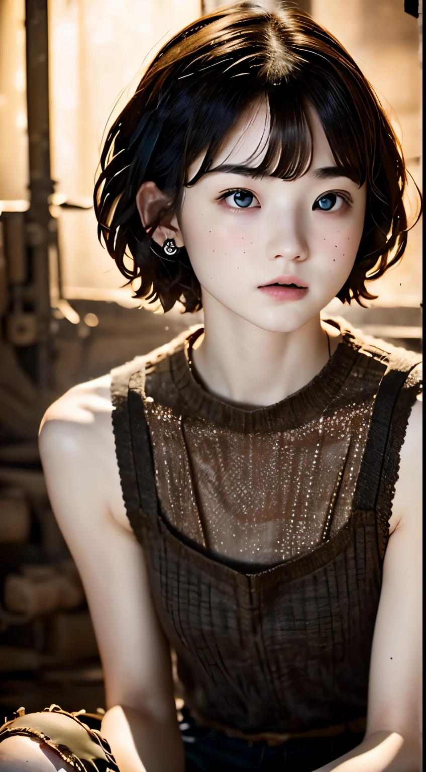 highest quality, (dramatic lighting:0.7), masterpiece, high angle shot, Raw photo of (Pale 21 year old woman with short hair, looking up at the viewer), cute, (Wearing tattered combat fatigue, confused), (Sitting in the tank), portrait, perfect face, enchanting eyes, vivid details, (very detailed肌), software, (blue tint:0.6), (dirty:0.8), (Bloodstained:0.7), Key lighting, (Backlight:0.5), medium depth of field, photographed on a Canon 5D, 50mm lens, f/4 aperture, (very detailed, intricate details), sharp focus, calm colors, 8K, confused, 8mm film grain, war photography