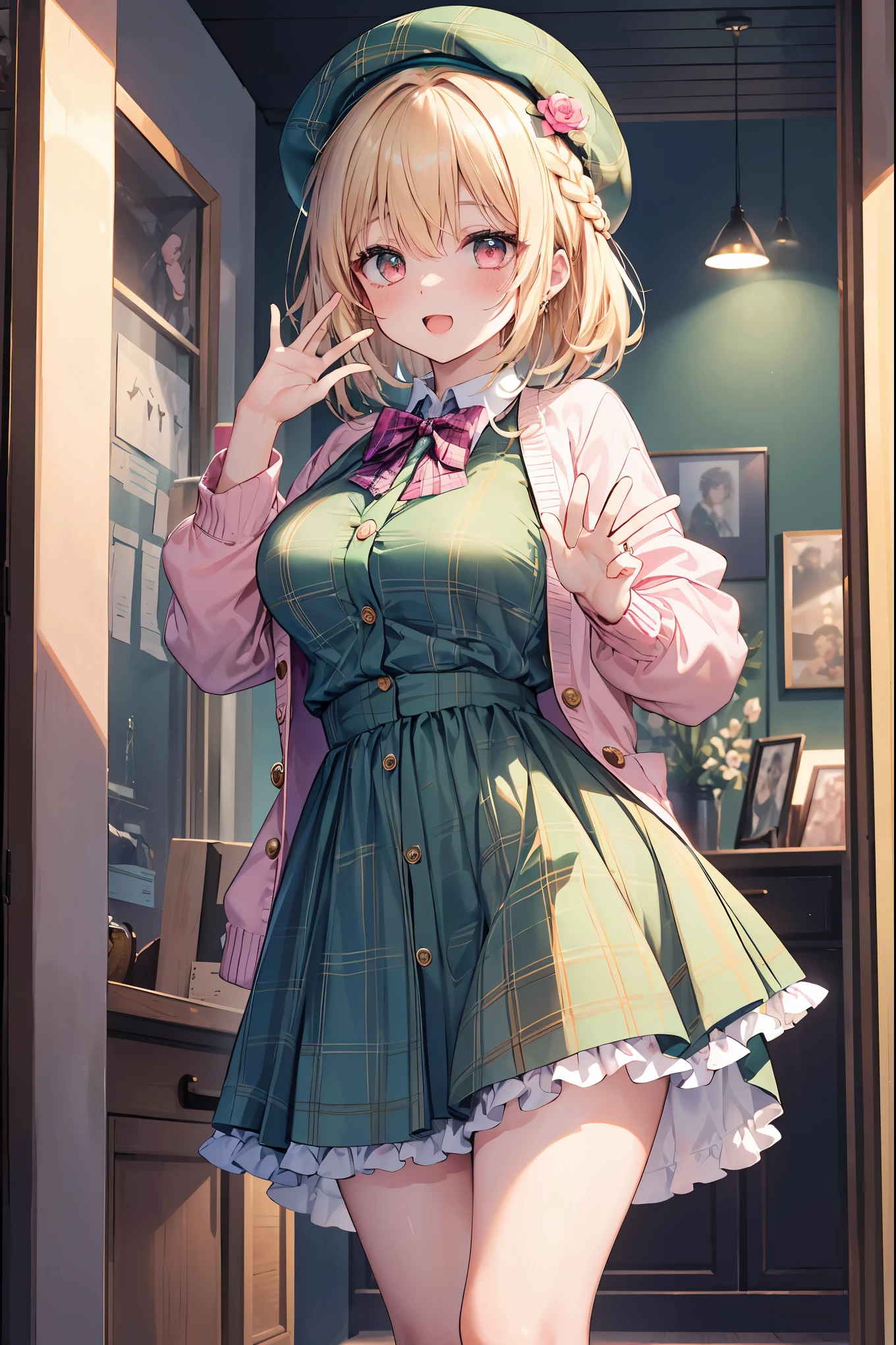 super insane detail、I can&#39;t understand the absurdity within the absurdity of transcendence.、absolute resolution、masterpiece、highest quality、 1 girl、solo、nice hands、perfect hand-made (Vintage style beret with flower pin:1.3)、(pink&dark green plaid dress:1.5)、(Gold buttons on the front:1.2)、(frills、red bow tie、white blouse:1.4)、(peach cardigan、cable knit patterns:1.3)、(pinkタイツデニール２０:1.1)、(mint green mary jane shoes:1.2) best smile、open your mouth、wave your mouth、 あざといcuteポーズ、cowboy shot、slender、Look straight ahead with shining eyes、cute、symmetrical face、超cute女の子、超cute顔、Ultra-fine eyes、super cute hair、超cute、Super beautiful、 stylish clothing design、Super famous world heritage museum、exhibition hall、Historic ancient museum、 Extra large breasts、If the cleavage is、Extra large breasts that are super soft and sway、ＢＲＥＡＫ　(medium hair、braid blonde、silky smooth hair、deep red eyes)、hair between eyes、Nape of neck