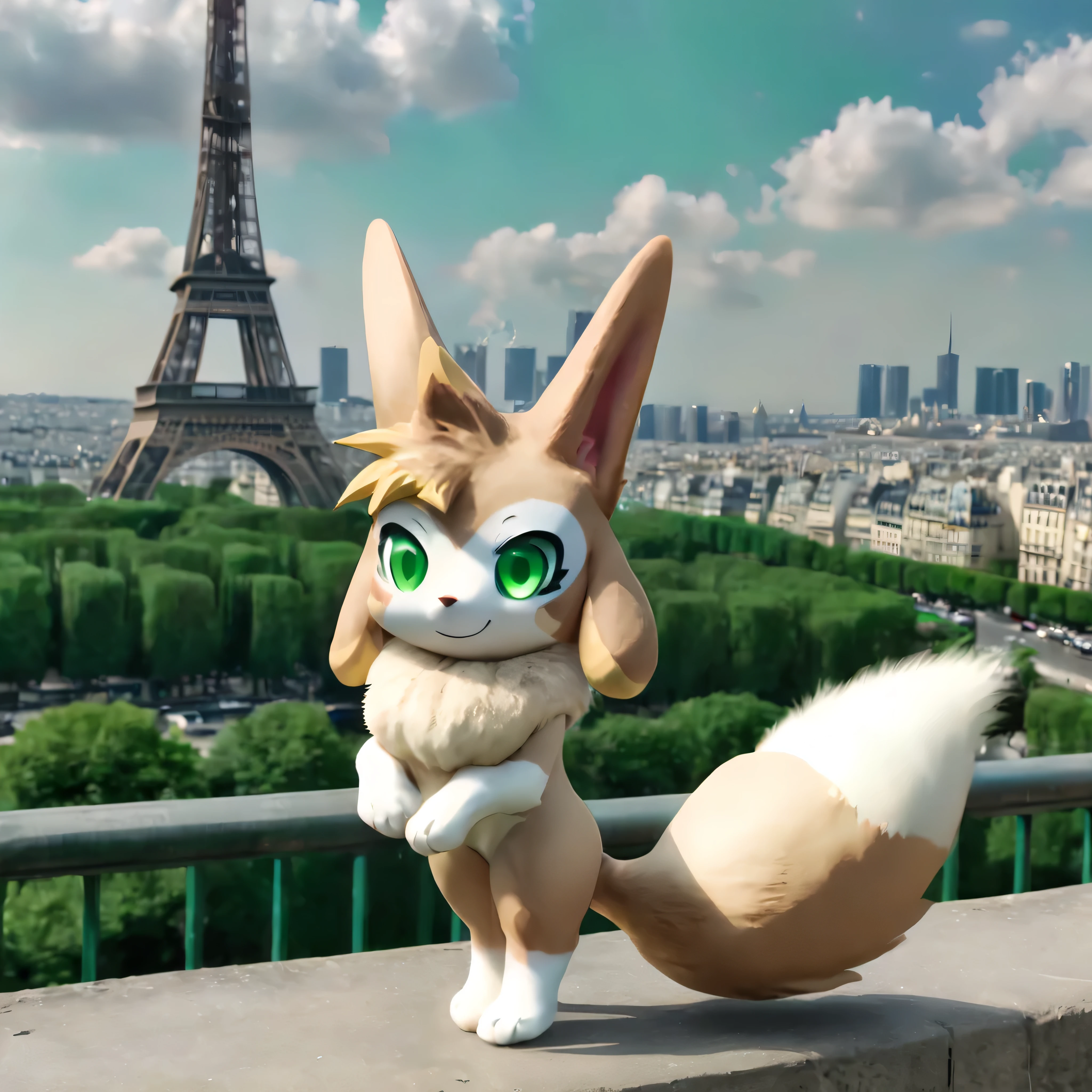 vxypwld style, cute vixy from palworld, big green eyes, beige and white fur, big fluffy tail, chest tuft, standing, stops and poses for fashion photos at the eiffel tower, summer day, cityscape background