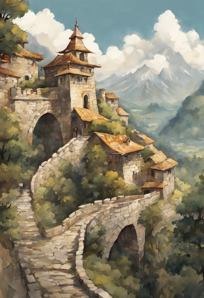 Long stretches of stone walls, mountain tops, buildings, fancy drawings, highest image quality.