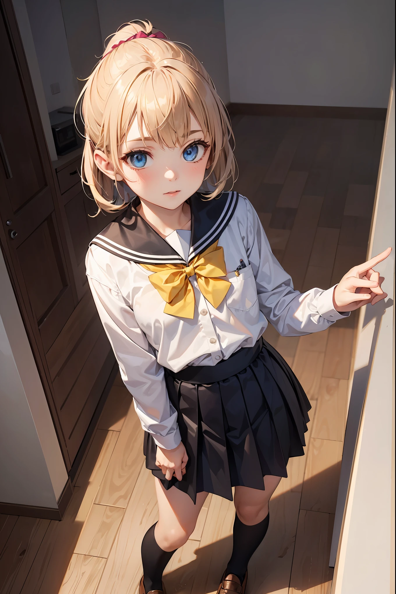 1girl in、Best Quality、、Very cute、A smile、Japanese、highschool、white sailor uniform、Very cute、glad looking face、short-hair、Golden head hair、bed room、black skirt、beautiful eyes、heterochromia、cleavage、胸の谷間