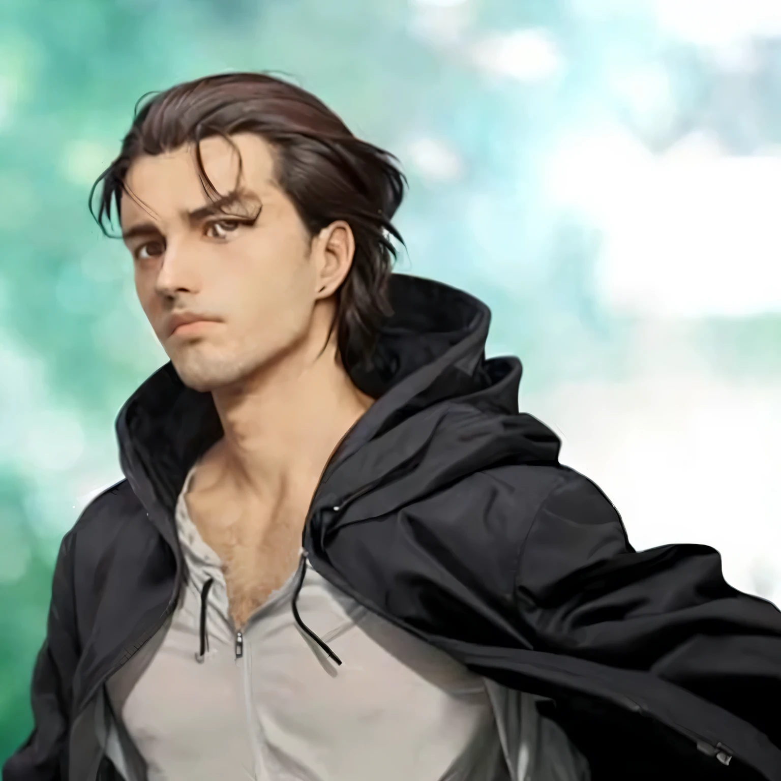 a man, with a tied dark brown hair, wearing an unzipped black jacket, with white shirt underneath
