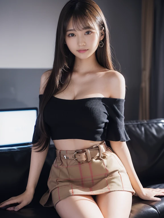 ((Dark interior with conspicuous neon lights、No window、Alcohol is displayed、dark room:1))(Photoreal)、(Super high realism)、(ultra high resolution)、(Ultra high definition)(((bright smile))) ( girl、super cute face, natural makeup)(fair skin、beautiful skin、Extremely realistic texture)(sparkling eyes、realistic eyes)(brown hair、thin hair、moist and tidy hair、shiny beautiful hair、Long straight hair up to the waist、hair behind ears、extremely detailed hair)((Long piercings))beautiful breasts、beautiful cleavage、thin waist、constriction、big ass(knit off shoulder、Very short Burberry check mini skirt)((Neon tubes on the background))(erotic pose))((full body shot、up to ankles))((sit on the sofa、cross your legs))
