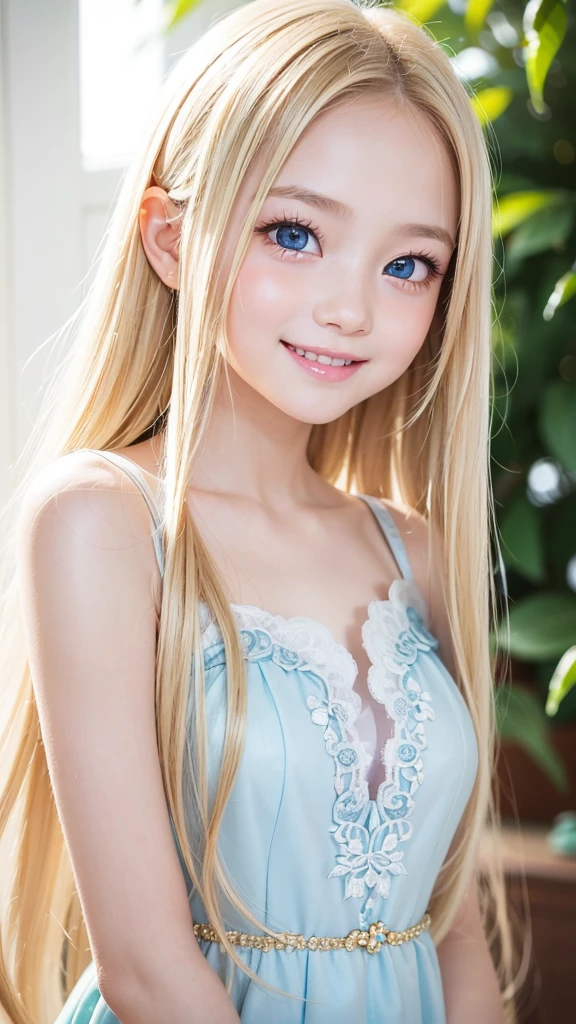 one very beautiful cute young girl、、((very happy smile ))、Embarrassed blush、Beautiful very long shiny blonde straight hair with golden shine、Shiny and very beautiful pure white skin、Very beautiful and cute pale blue detailed eyes、shiny skin、Beautiful cute bright look、Clear double eyelids、beautiful cute big eyes、A perfectly balanced face