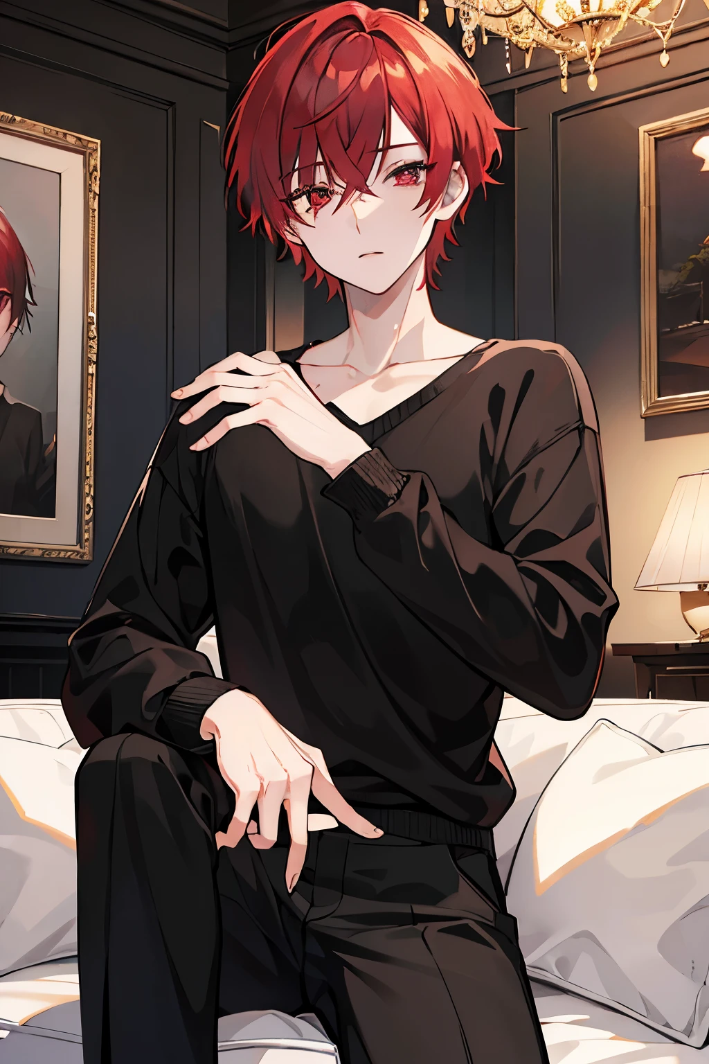 male　red hair　red eyes　short hair　one person　Drinking black tea　sweater　slacks　aristocratic mansion　plush furnishings　masterpiece　Highest image quality　noise removal　clear parts 　cinematic shadow　Increased attractiveness of the eyes　clear parts the shine of the eyes　Draw eyelashes neatly　perfect eyes　detailed eyes　Sharpen image quality　Sharpen eye writing　clear parts eye shape