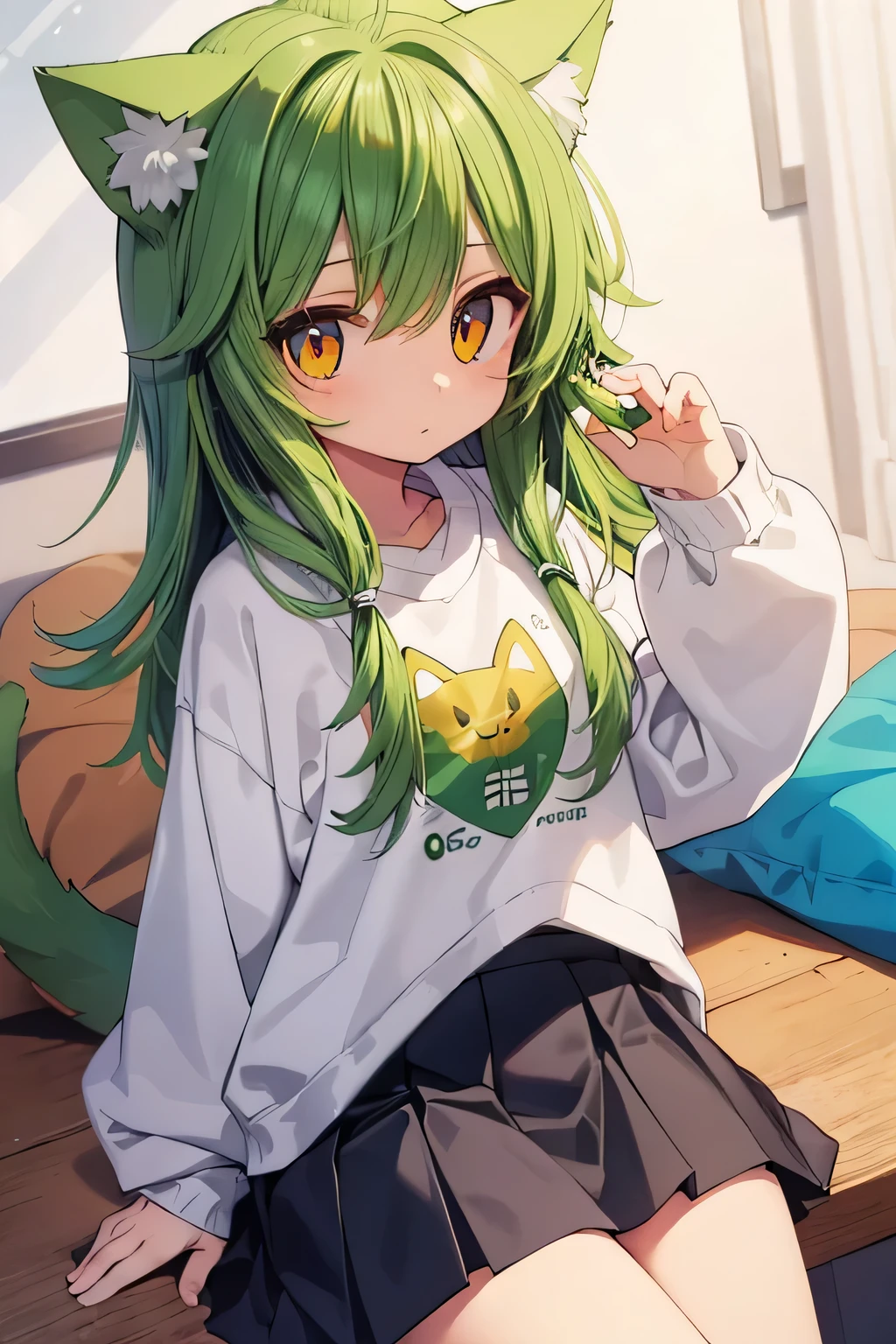People drawing，proportional to face shape，golden vertical pupils，Green hair cat ear loli，White sweatshirt light gray skirt