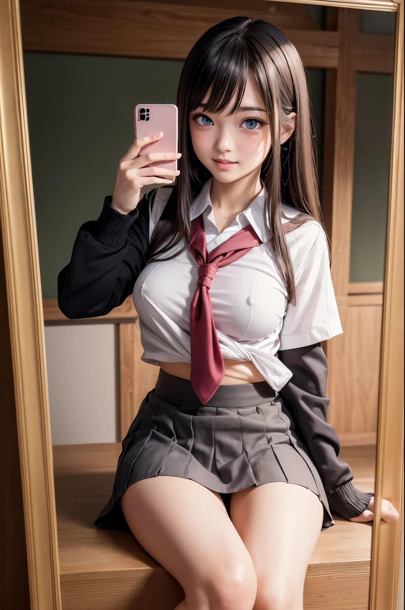 ((beautiful anime eyes with fine detail)), realistic skin, (intricate details), best lighting, depth field, ((ultra high resolution, high res)), {highres}, {{very fine 8KCG wallpapers}}, {{very precise detailed}}, ((((masterpiece)))),nsfw, 1girl,ager, (Blushing expression:1.4), smile,open mouth,in heat, ((japanese uniform, shirt lift myself, showing nippls, uniform miniskirt)),tie,black socks,sit down, (leg lift:1.3), slender, (flat chest), (mirror,smartphone,selfie)