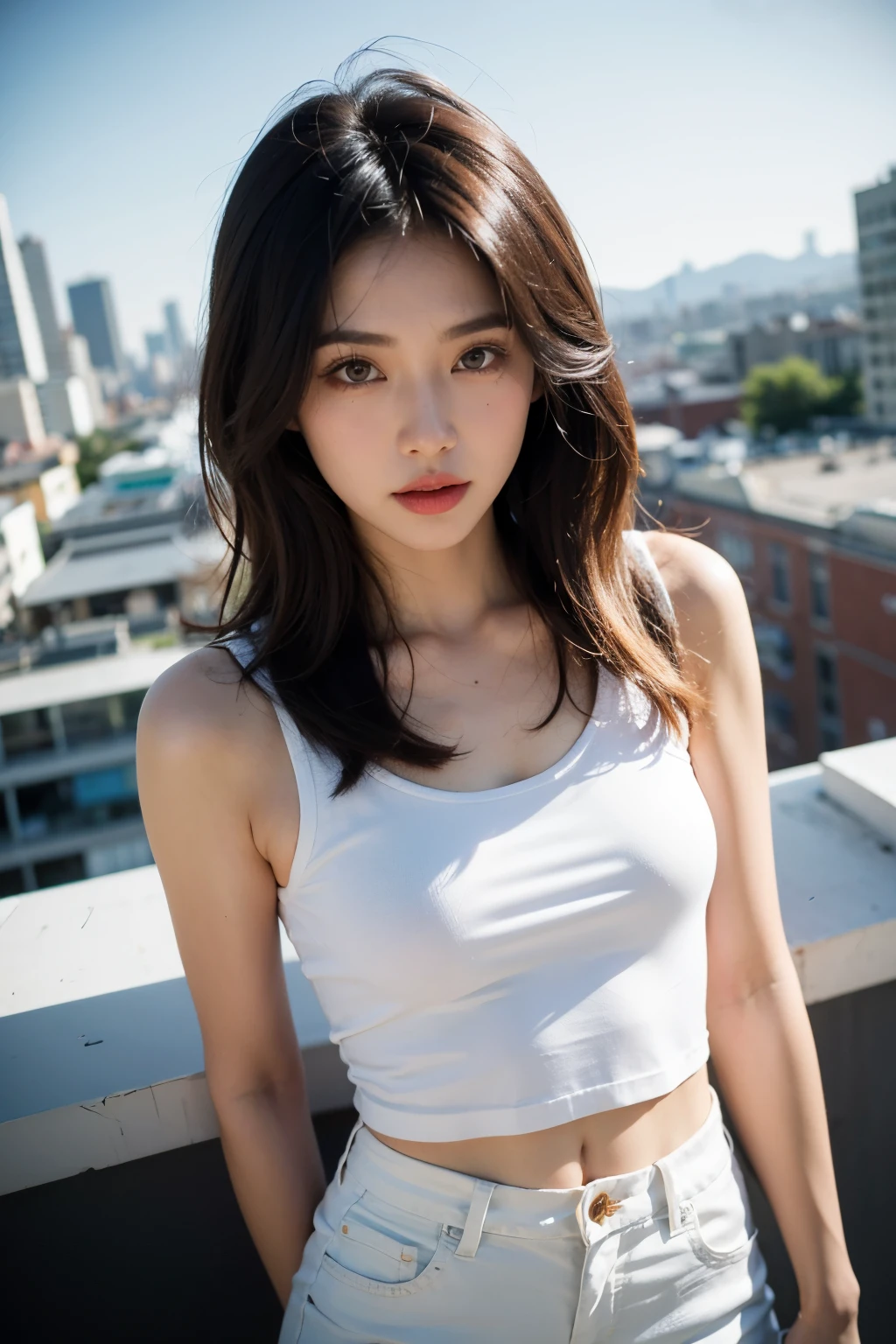 High detail, Cinematic lighting, Ray tracing, angle of view, Eye level shots, hyper HD, Masterpiece, Textured skin, 4K, Best quality,surrealism, High detail, Cinematic lighting, Ray tracing, angle of view, Eye level shots, hyper HD, Masterpiece, Textured skin, 4K, Best quality,Viet Nam Girl, look at viewer, long hair, T-Shirt , (town rooftop), film grain, rim light, upper body, close up shot, t, viet nam girl. happy girl,, full body shoot, fashion posing, pro posing, fashion model, Fashion hari, Red backgroup, Skinny pants slightly curly hair, black pants, short pants, pro makeup face, frontal angle, mặt V-line,slightly curly hair,Dyed hair blonde, Beautiful, slim face, Small face, chance face, simple fashion, short pants, wide angle photo shoot,White shirt, shorts pants, Skinny  pants, black jean shoot; full body shoot, 
standing and posing
