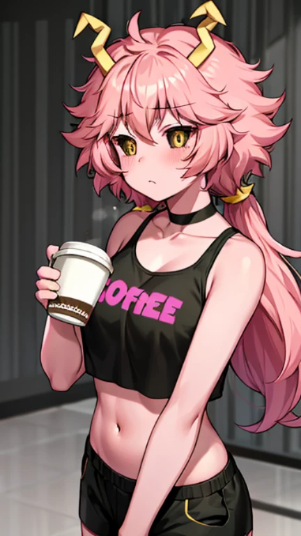mika pikazo, hoshino_ai_\oshinoko\), (topless)), nsfw, masterpiece, busy city, street lamp, road, cyberpunk, city lights, solo, 1 girl, ????? nipples, nipples, navel, bare breasts, bare stomach, sweaty, cowboy shot, outdoors, night, smiling, choker. black shorts, fishnet leggings, collarbones, slim waist, purple hair, long hair, detailed eyes, beautiful eyes, holding coffee cup, necklace, purple eyes, star shaped pupil, sunglasses on head