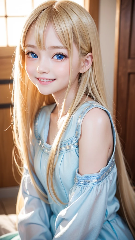 one very beautiful cute young girl、、((very happy smile ))、Embarrassed blush、Beautiful very long shiny blonde straight hair with golden shine、Shiny and very beautiful pure white skin、Very beautiful and cute pale blue detailed eyes、shiny skin、Beautiful cute bright look、Clear double eyelids、beautiful cute big eyes、A perfectly balanced face
