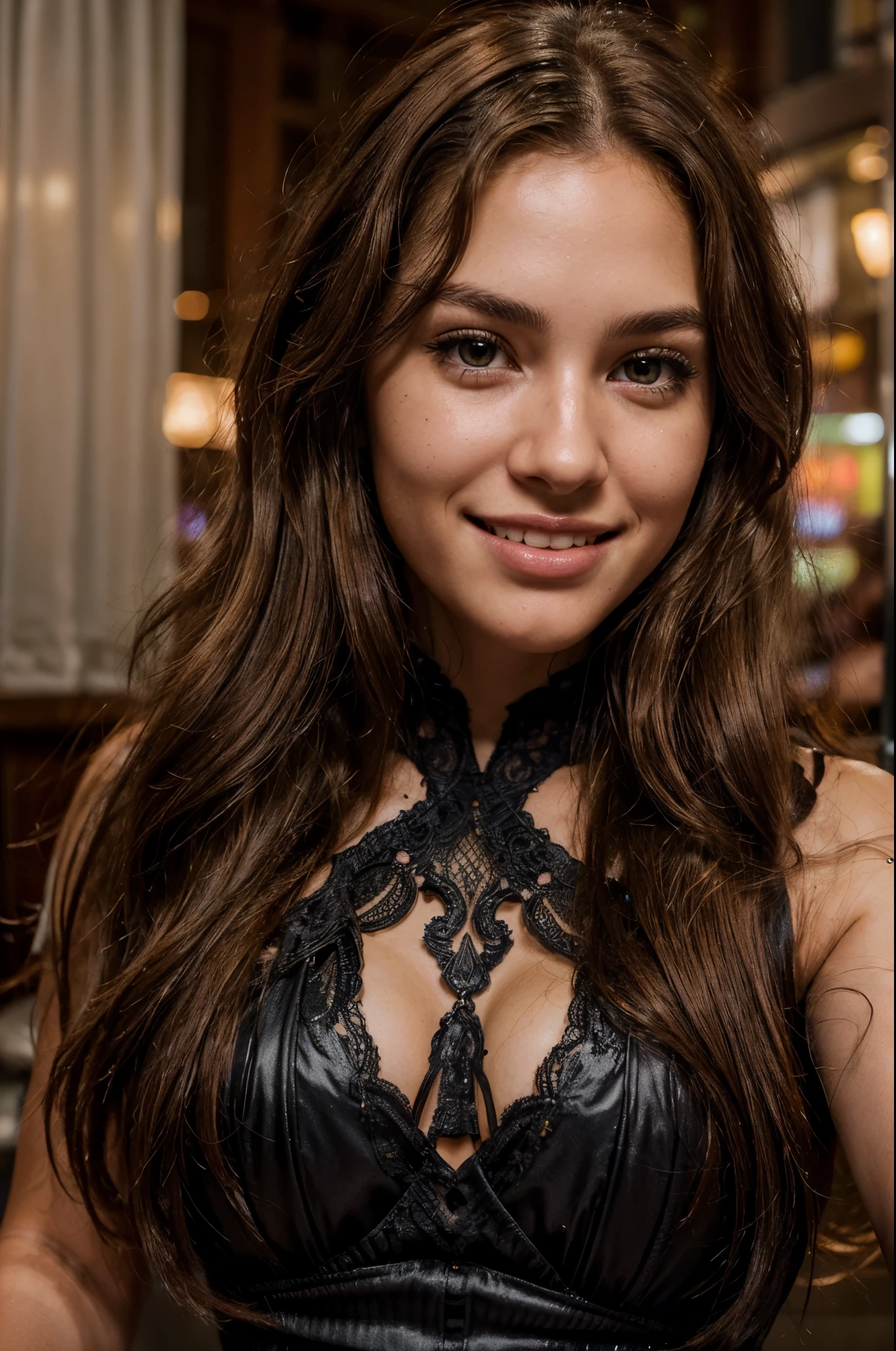  cinematic photo of a 23 year old girl with brown hair, long curls and brown eyes, happy, cheerful expression, closed mouth, beautiful lips, intricate details, shallow depth of field, highly detailed, high budget, epic Hollywood film, gorgeous, masterpiece, award-winning, professional, highly detailed, detailed skin texture, (blush: 0.5), (goosebumps: 0.5). (the most beautiful woman in the world) (brown hair) (long curly hair, wild hair, stylish cut) (( caramel teint))thin face, thin nose, beautiful, very beautiful, perfect face, slender body (slender), (brown hair) (brown eyes ) (caramell skin) Beautiful body, western face, predatory eyes, pink lips, thick thighs. full body, western beauty, thin nose, beautiful, perfect, ((best quality)), ((ultra resolution)), ((photorealistic: 1.4)), (intricate details), perfect face,  strong makeup: 1.5 , clear face, facial detail, ((Selfie, smile,)) ((( modern night life tokio, black glimmer dress)))
