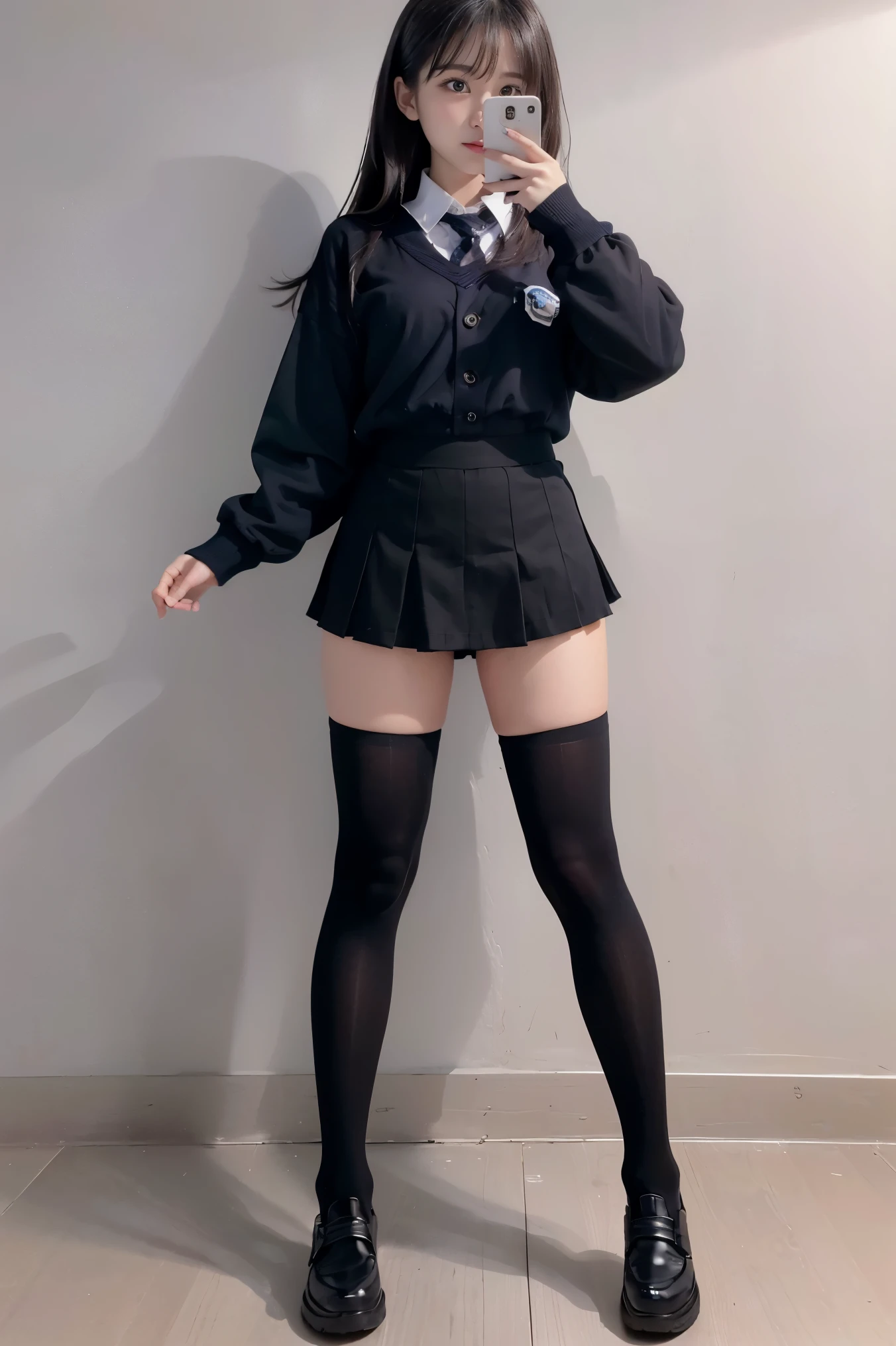 ((full body photo))、street snap、童顔でmicro mini skirt履いて((expensive))There is one woman of、(1 girl)、amazingly cute 、skinny fit uniform、Winter clothes、Japanese school blue uniform、((big breasts))、surreal、Wearing a dark blue uniform、Full body Esbian、nice thighs、((long legs))、(((wide thighs)))、((micro mini skirt))、(black knee high socks)、(I'Iはハイヒールの革靴を履いています)、Nogizaka Idol、korean idol、Inviting eyes、Plump thighs