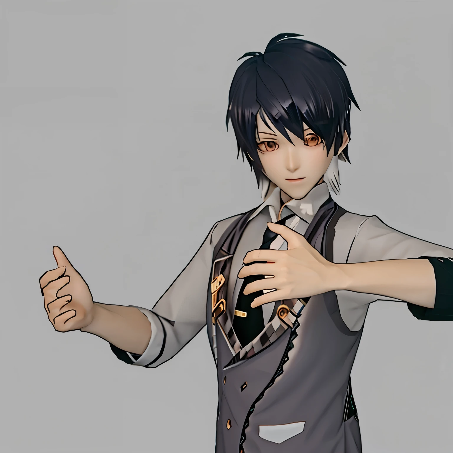 anime character with a thumbs up gesture in front of a gray background, handsome anime pose, inspired by Okumura Masanobu, inspired by Okumura Togyu, with index finger, live2d virtual youtuber model, anime vtuber full body model, inspired by Hisui Sugiura, smooth anime cg art, highly detailed character, maxwell render