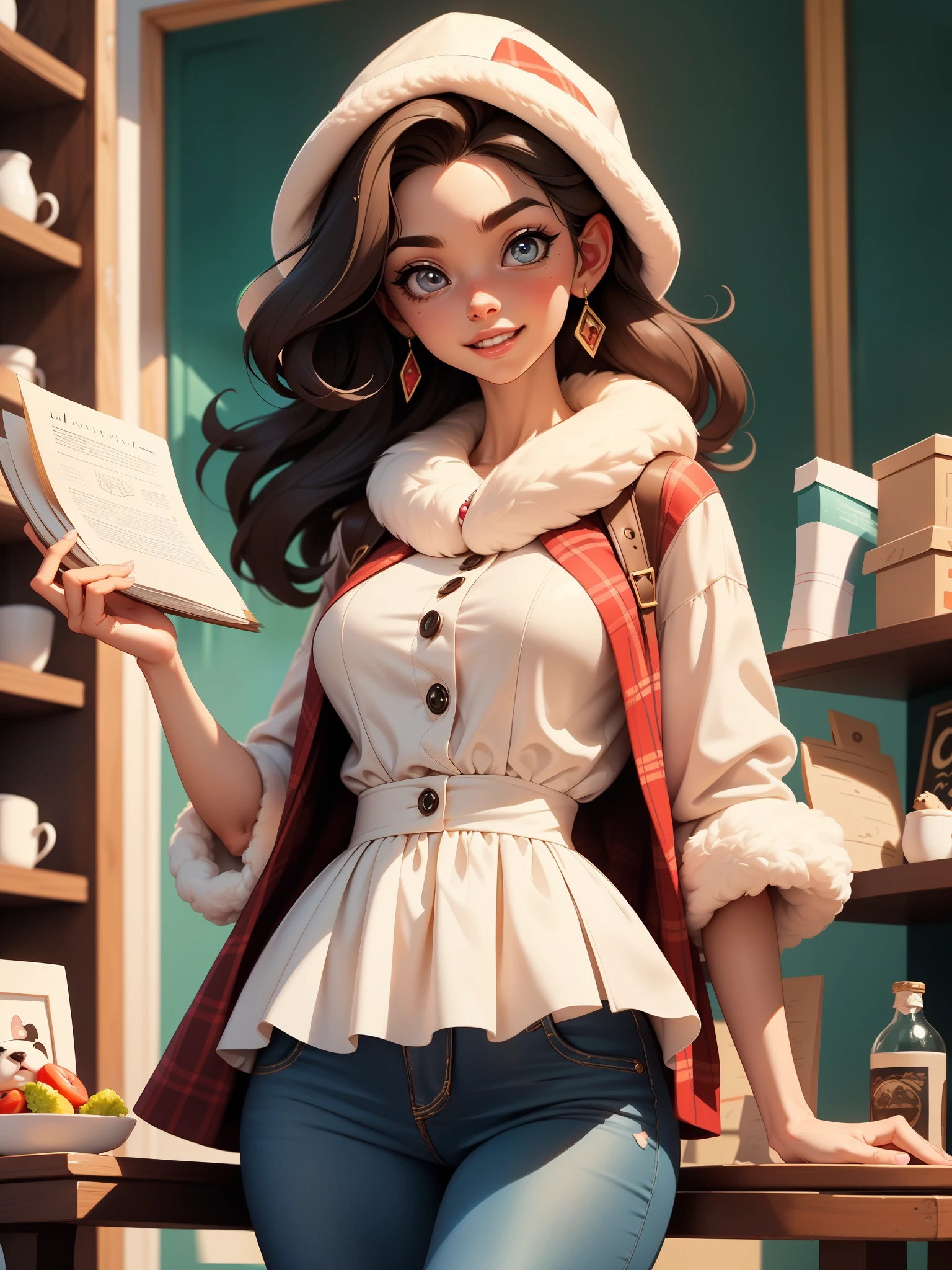 Cute puppy. Beautiful puppy. Adorable puppy. Portrait of a woman in a white dress, Slender hands holding a book, Express beauty and power. Detailed portrait of an indigenous woman in cartoon style, com olhos bonitos, Fast brushstrokes and vibrant colors. Cute puppy. Beautiful puppy. A masterpiece of cute puppies, There are red and white furs. Italian girl poses, Detailed face, Dark hair, atheletic body, Wearing red flannel and jeans. Soft hair, Happy smile, Lovely Italian cuisine.