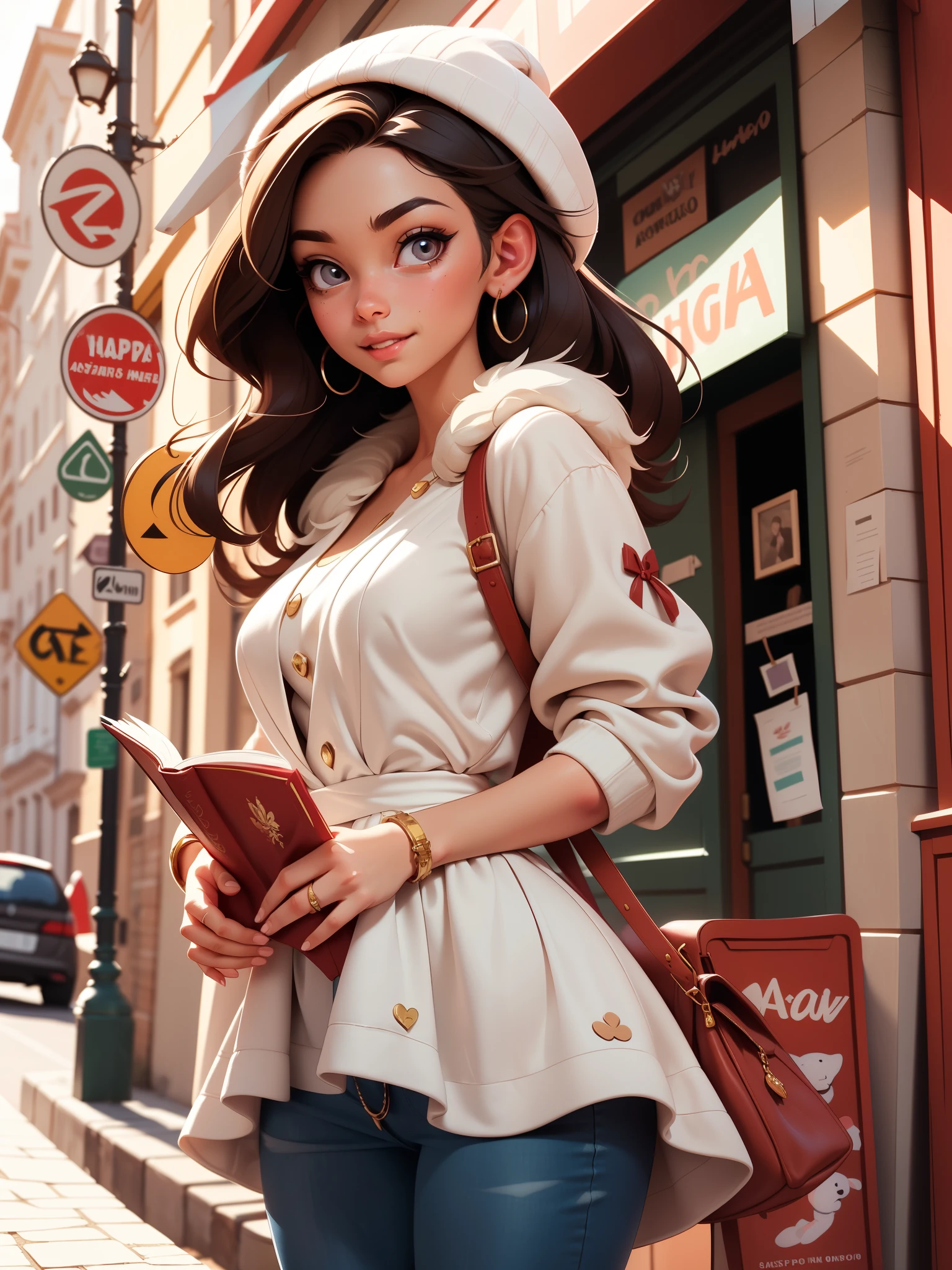 A woman in a white hat and jacket holding a book - SeaArt AI