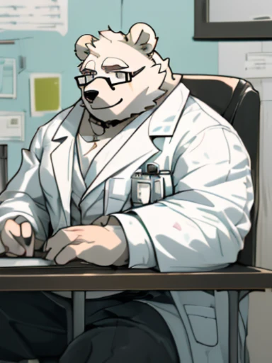 Bear,furry,White hair,male,Black-rimmed glasses,Fat but muscular,Strong,sitting in office chair,Handsome,doctor,No human skin allowed,Finger detail portrayal,Detailed depiction of the head,The head style is round and cute