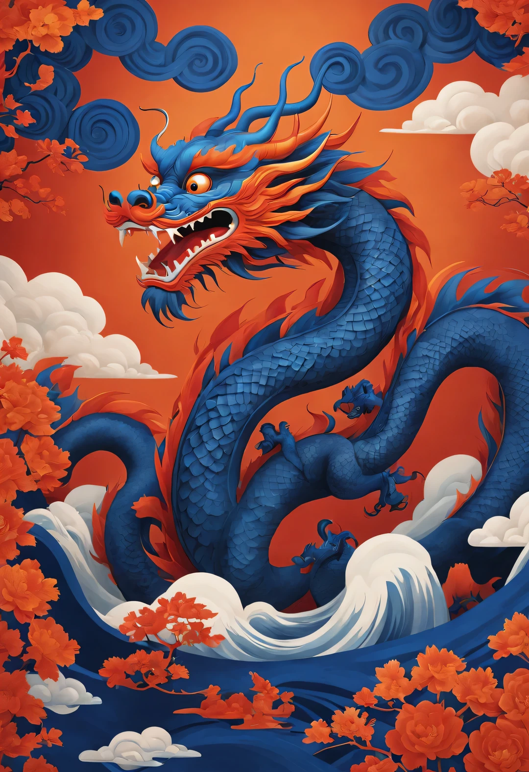 Chinese festival wallpaper, Featuring the image of a Chinese dragon, Adopt Chinese illustration style, Immersive environments, royal blue and red, Orange-red, conceptual installation, calm and symmetrical, Filmed with provia and shirineshat,