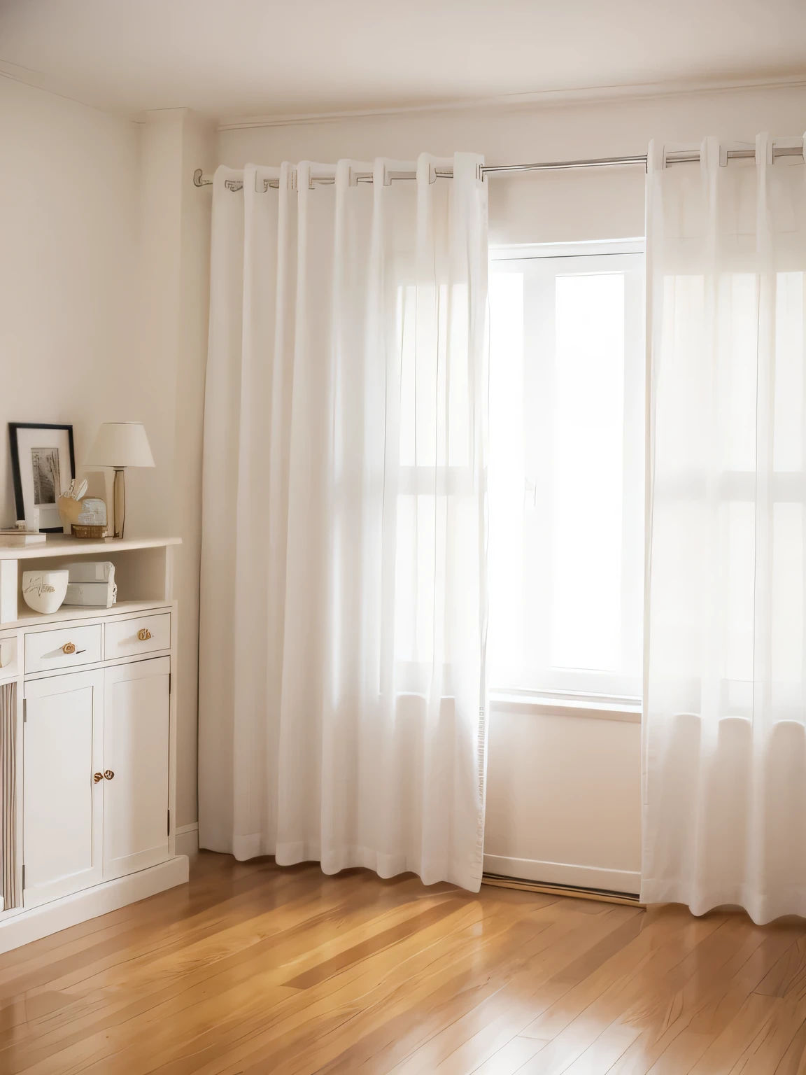 Room wooden floor white curtains cream style