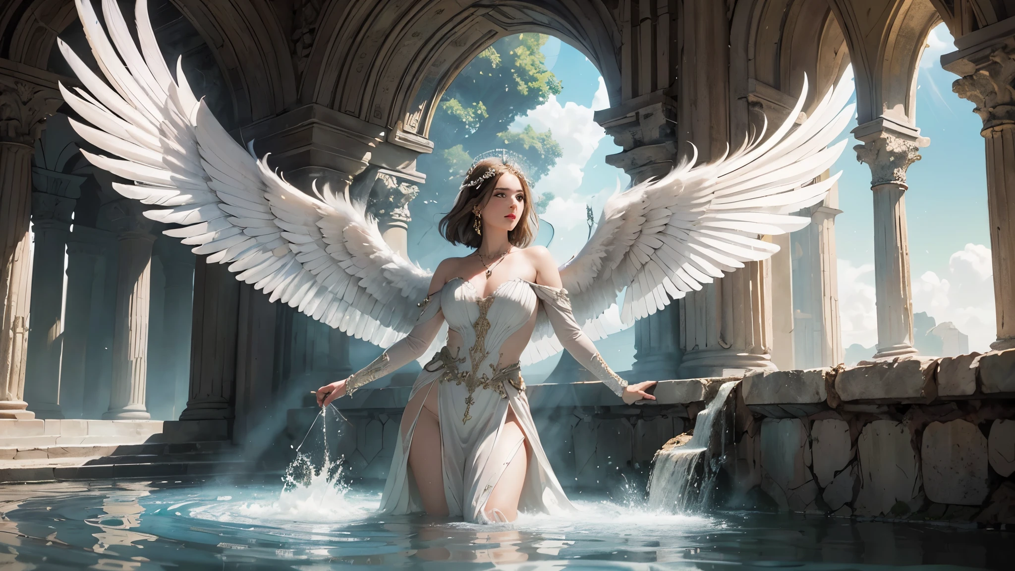 (Many award-winning masterpieces, with incredible details, maximum textures and details), (hyper realistic:1.4), (realistic:1.3), (Best quality real textured skin), (Finely detailed real circle Symmetrical eyes), finely detailed face, ((medieval world)), ((((black angel of the Lord, white angel of the Lord)))), (Beautiful, caring eyes), (She has a mischievous smile on her face) , (Beautifully colored eyes filled with compassion), (Angels dancing in the background), (dramatic light), (A majestic sight), (Her expression is serene full of tenderness and very beautiful), ((Large wings with pure white feathers behind the shoulders)), (((Folded wings))), Glass earrings on the ears, (((dramatic photo))), (dusk), (sunset), (dusk), (Sacred pose), ((dramatic pose)), (flamboyant photo), (Golden hair), (Silver hair), (brown hair), short cut hair, ((full length portrait)), (( looks up)), ((Look down)), ((Full body standing image)), ((gives Full body standing image)), (Around her neck is a simple necklace of exquisite workmanship) , Old ruins infested with plants, Great Temple, large cathedral, Temple ruins, Detached temple, Glowing magic circle, Ruins of an ancient castle, Deserted ruins, crumbling ruins, Ancient ruins with clear water, ripples, running water , Majestic cloud masses and bright sky, optical halo phenomenon, Holy light, epic realistic, ((neutral colors)), (HDR:1.5), (muted colors:1.2), hyper detailed, cinematic, warm lights, dramatic light, (complex details:1.1), complex context,