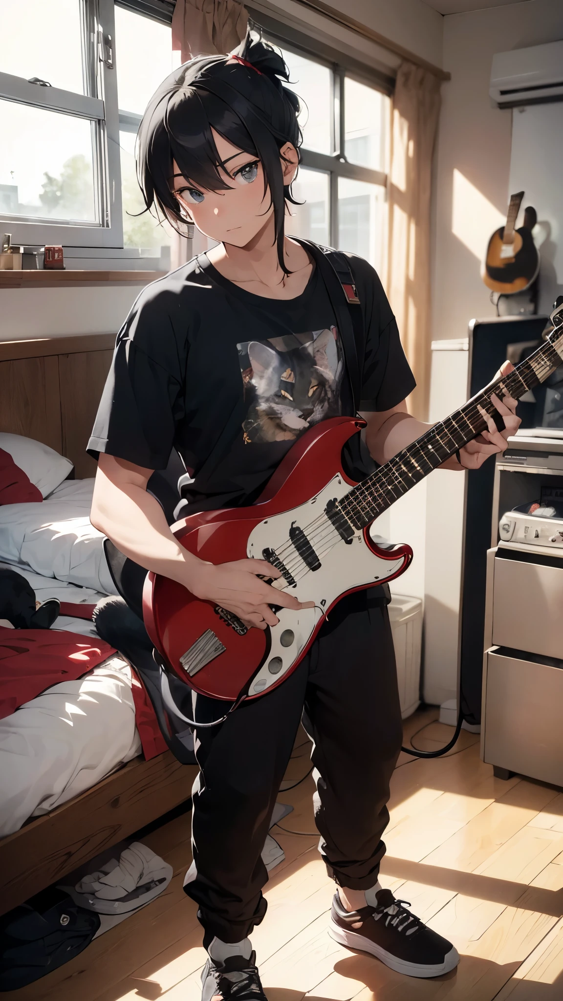 masterpiece, top quality, photorealistic, 1 Man with 1 Cat, hairy grey, (in pop punk clothes, grunge style) Bedroom, (playing electric guitar red), sunshine, morning
