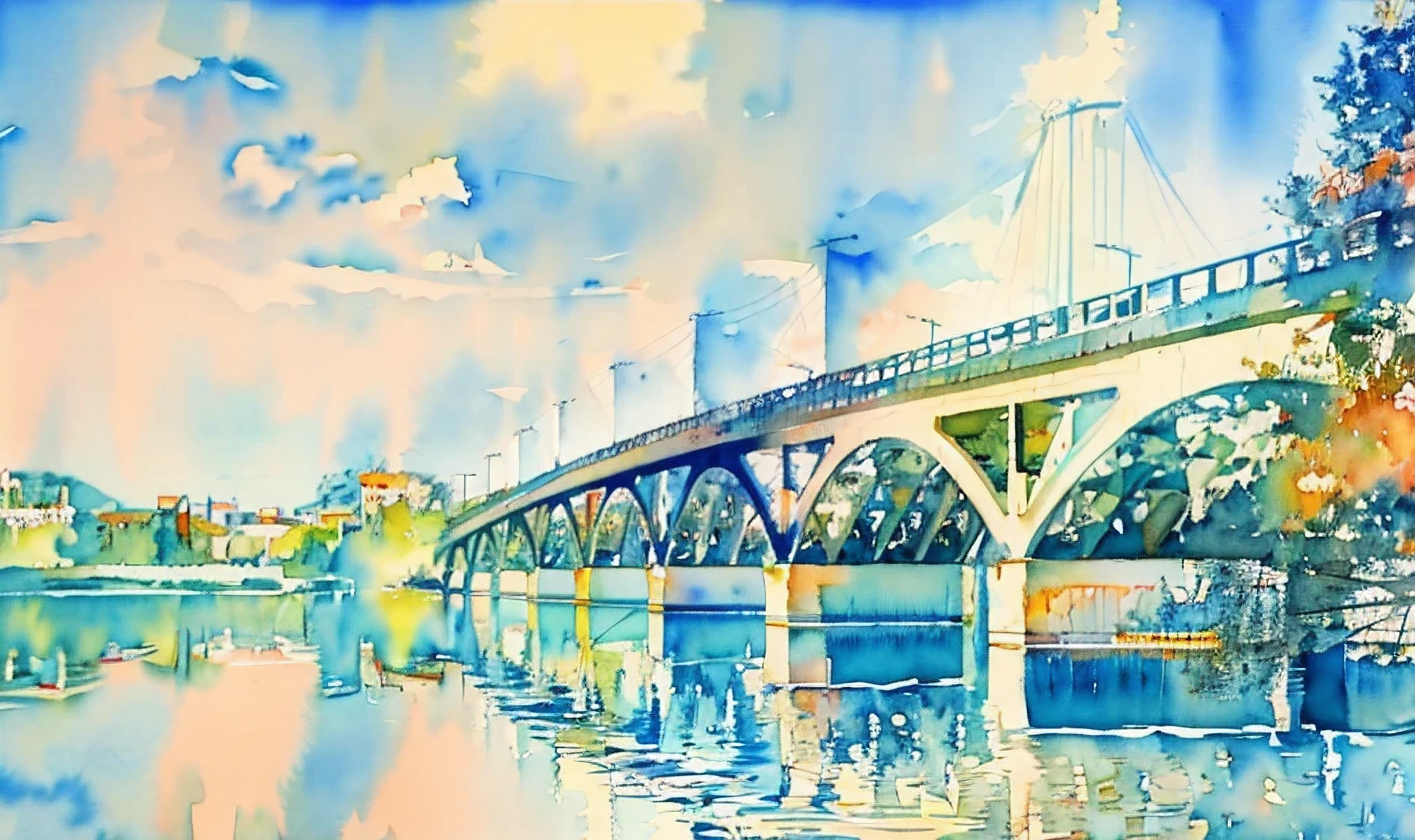 Rivers and bridges、watercolor painting、beautiful scenery、bright、blue sky