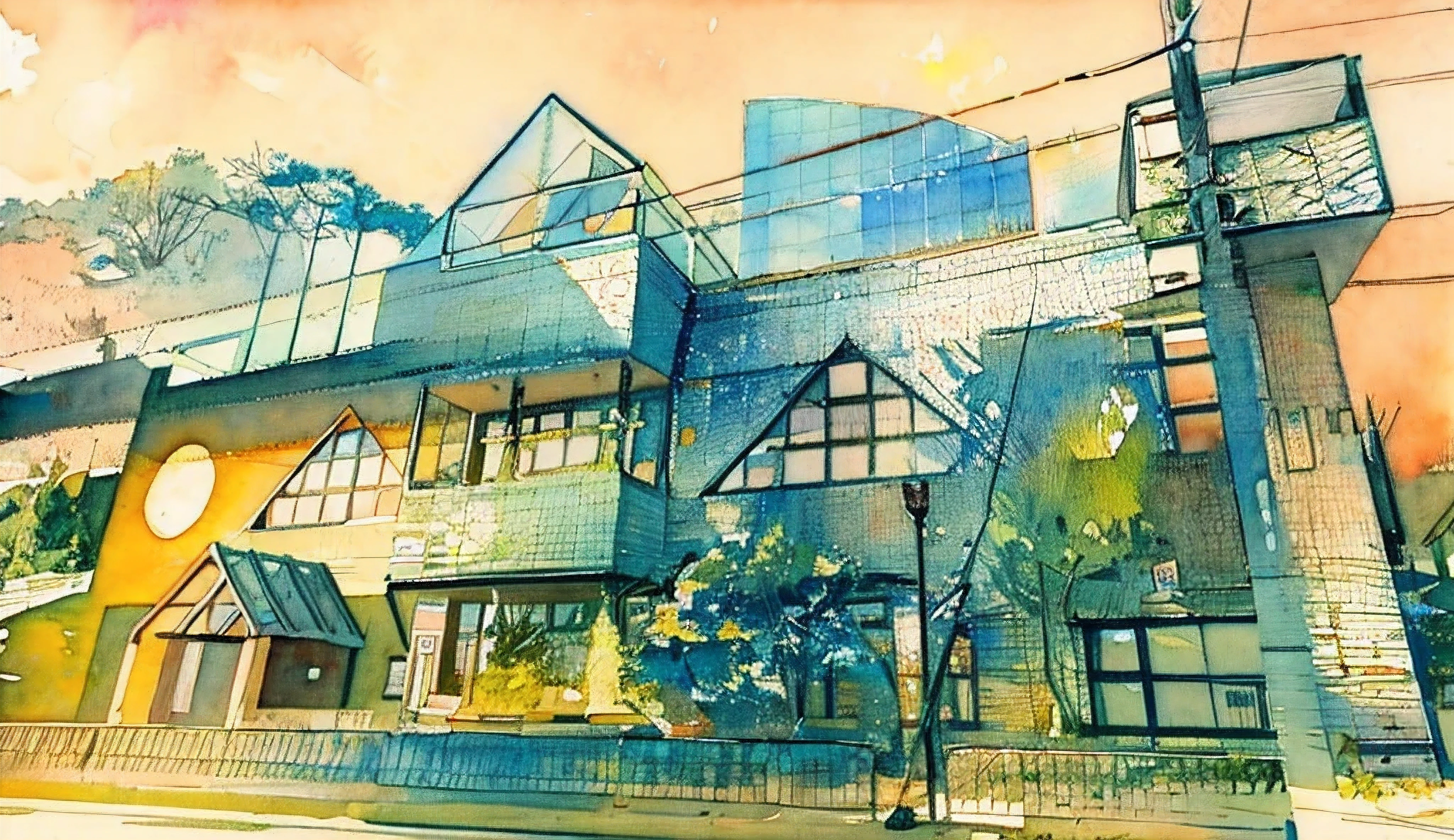 museum、watercolor painting、beautiful nature、Bright building