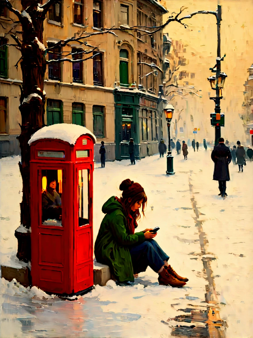 Midwinter，heavy snowfall，Everything is covered in snow and ice。street corner，A phone booth，((A beautiful girl squatting on the ground，Jumpy，Waiting anxiously alone))，This scene captures the cold white blanket of snow combined with the warmth emanating from the phone booth、The contrast between the rays of hope，(Highlighting the girl&#39;s loneliness and waiting in this quiet and somber winter landscape)，(medium shot:1.5), (8k)，Pierre Bonnard Style - Pierre Bonnard, Scene painting, Oil painting in the style of Pierre Bonnard