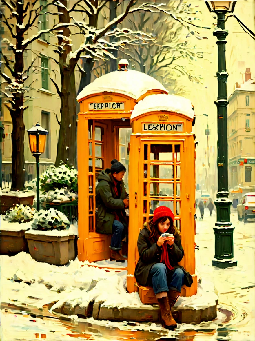 Midwinter,heavy snowfall,Everything is covered in snow and ice。street corner,A phone booth,((A beautiful girl squatting on the ground,Jumpy,Waiting anxiously alone)),This scene captures the cold white blanket of snow combined with the warmth emanating from the phone booth、The contrast between the rays of hope,(Highlighting the girl's loneliness and waiting in this quiet and somber winter landscape),(close shot:1.8), (8k),Pierre Bonnard Style - Pierre Bonnard, Scene painting, Oil painting in the style of Pierre Bonnard