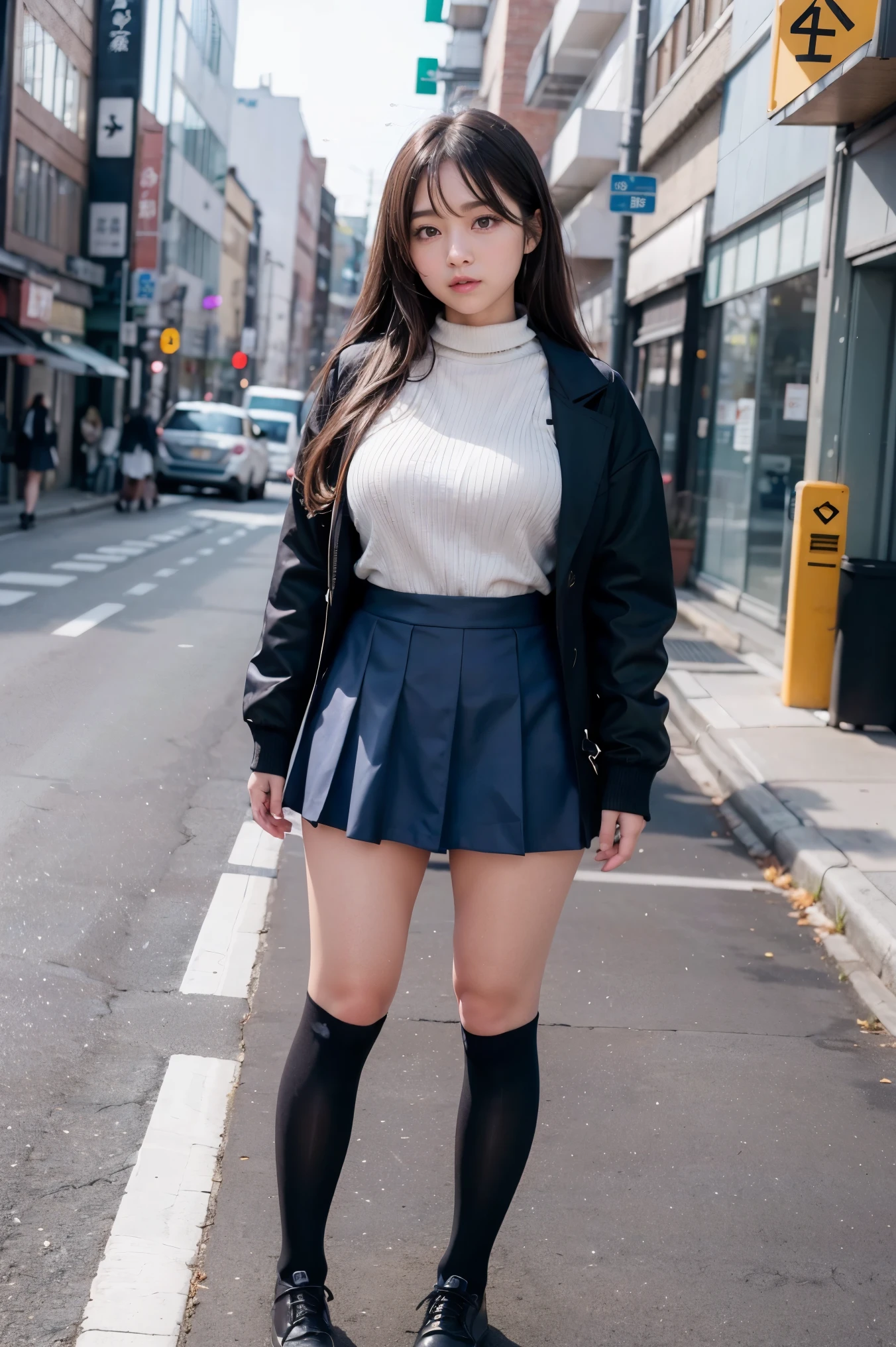 ((full body photo))、street snap、童顔でmicro mini skirt履いて((expensive))There is one woman of、(1 girl)、amazingly cute 、skinny fit uniform、Winter clothes、Japanese school blue uniform、((big breasts))、surreal、Wearing a dark blue uniform、Full body Esbian、nice thighs、((long legs))、(((wide thighs)))、((micro mini skirt))、(black knee high socks)、(I&#39;Iはハイヒールの革靴を履いています)、Nogizaka Idol、korean idol、Inviting eyes、Plump thighs